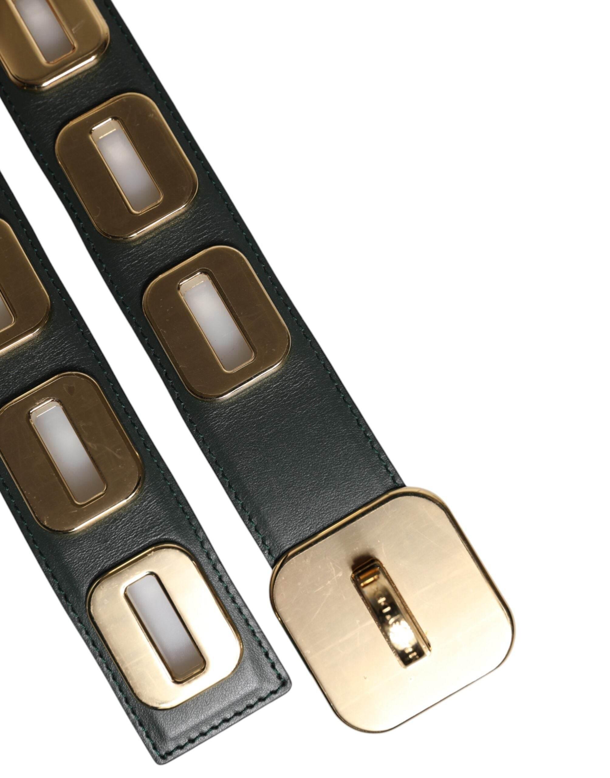 Dolce & Gabbana Green Leather Gold Tone Rotating Buckle Belt - Hilstor