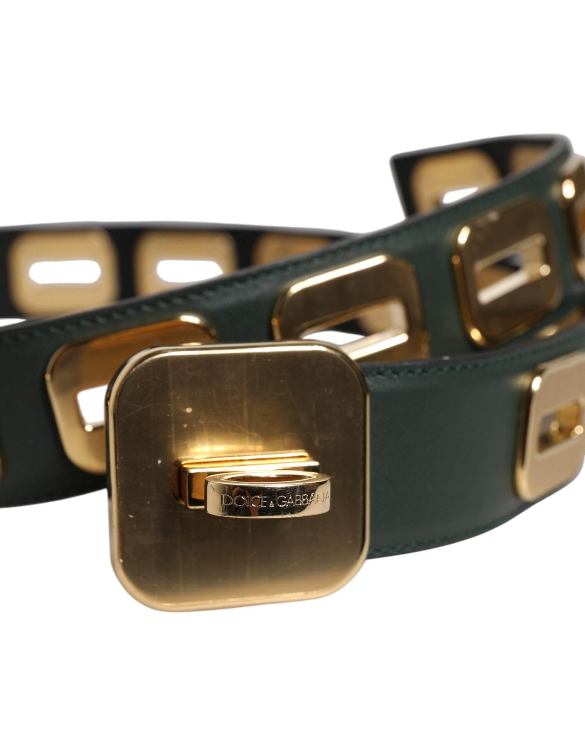 Dolce & Gabbana Green Leather Gold Tone Rotating Buckle Belt - Hilstor