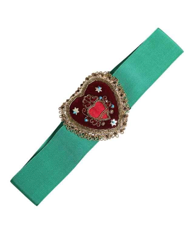 Dolce & Gabbana Green Stretch Wide Waist Heart Embellished Belt - Hilstor