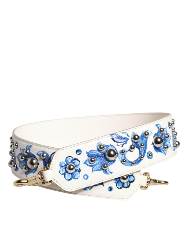 Dolce & Gabbana White Blue Floral Leather Stud Shoulder Strap - Hilstor