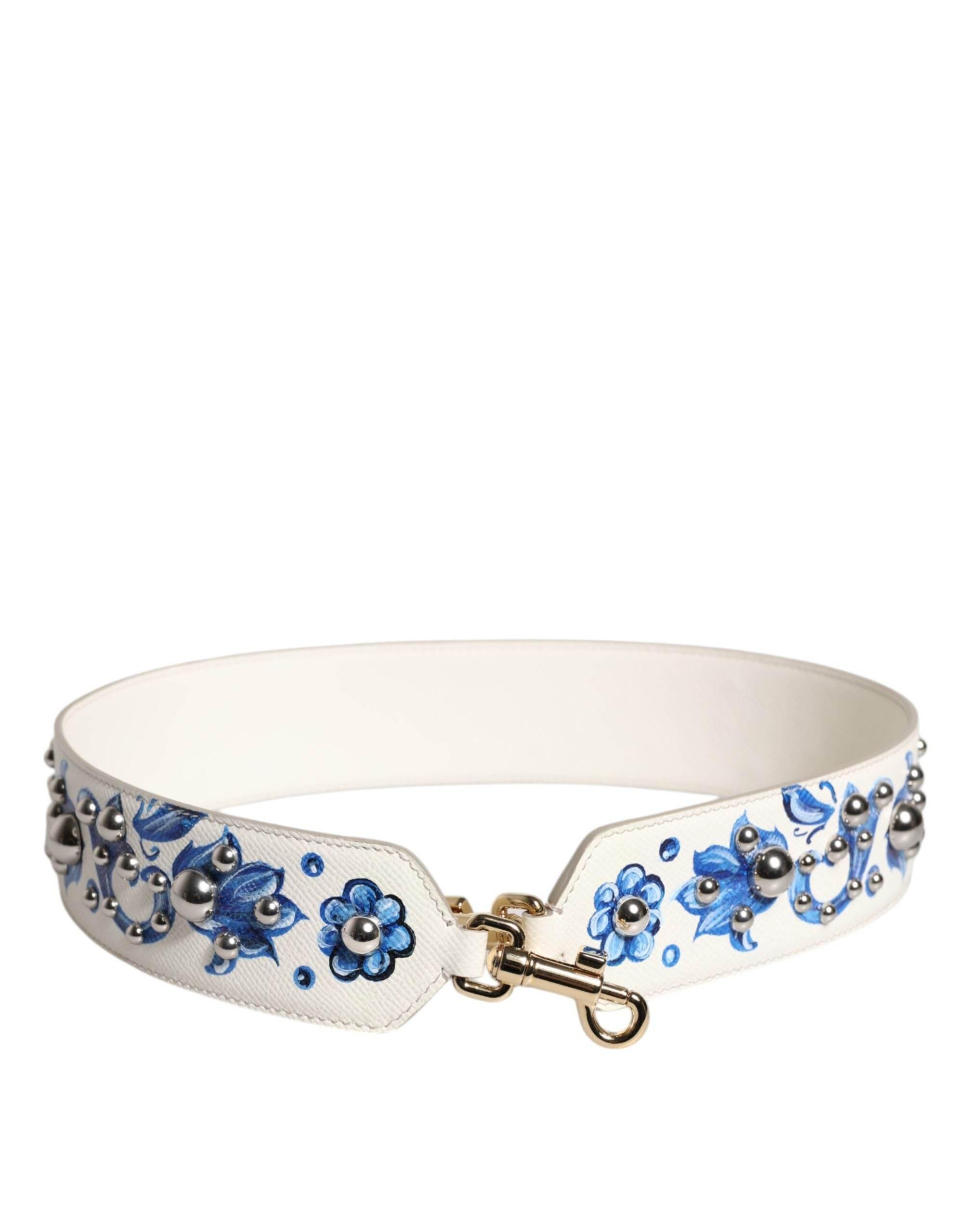 Dolce & Gabbana White Blue Floral Leather Stud Shoulder Strap - Hilstor