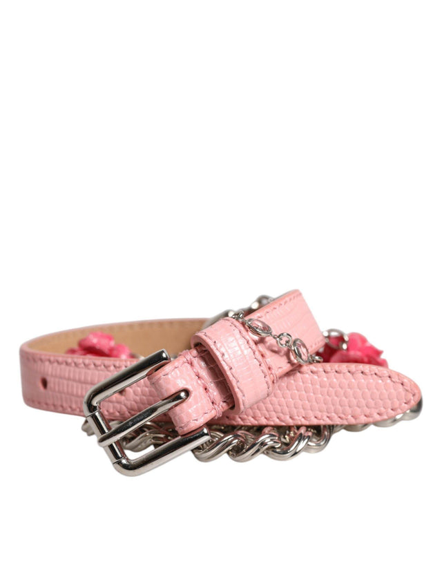 Dolce & Gabbana Pink Embelished Roses Textured Leather Belt - Hilstor