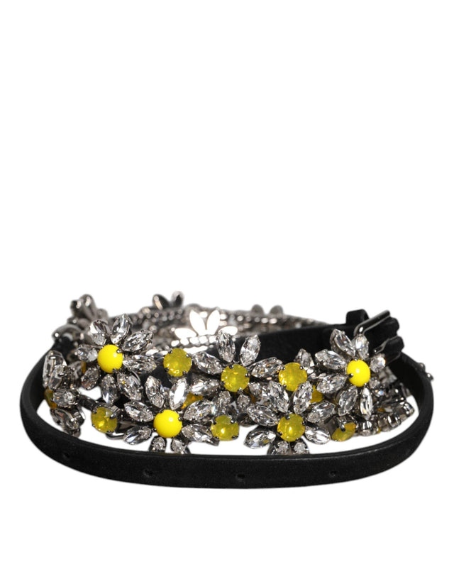 Dolce & Gabbana Black Leather Daisy Crystal Embellish Waist Belt - Hilstor