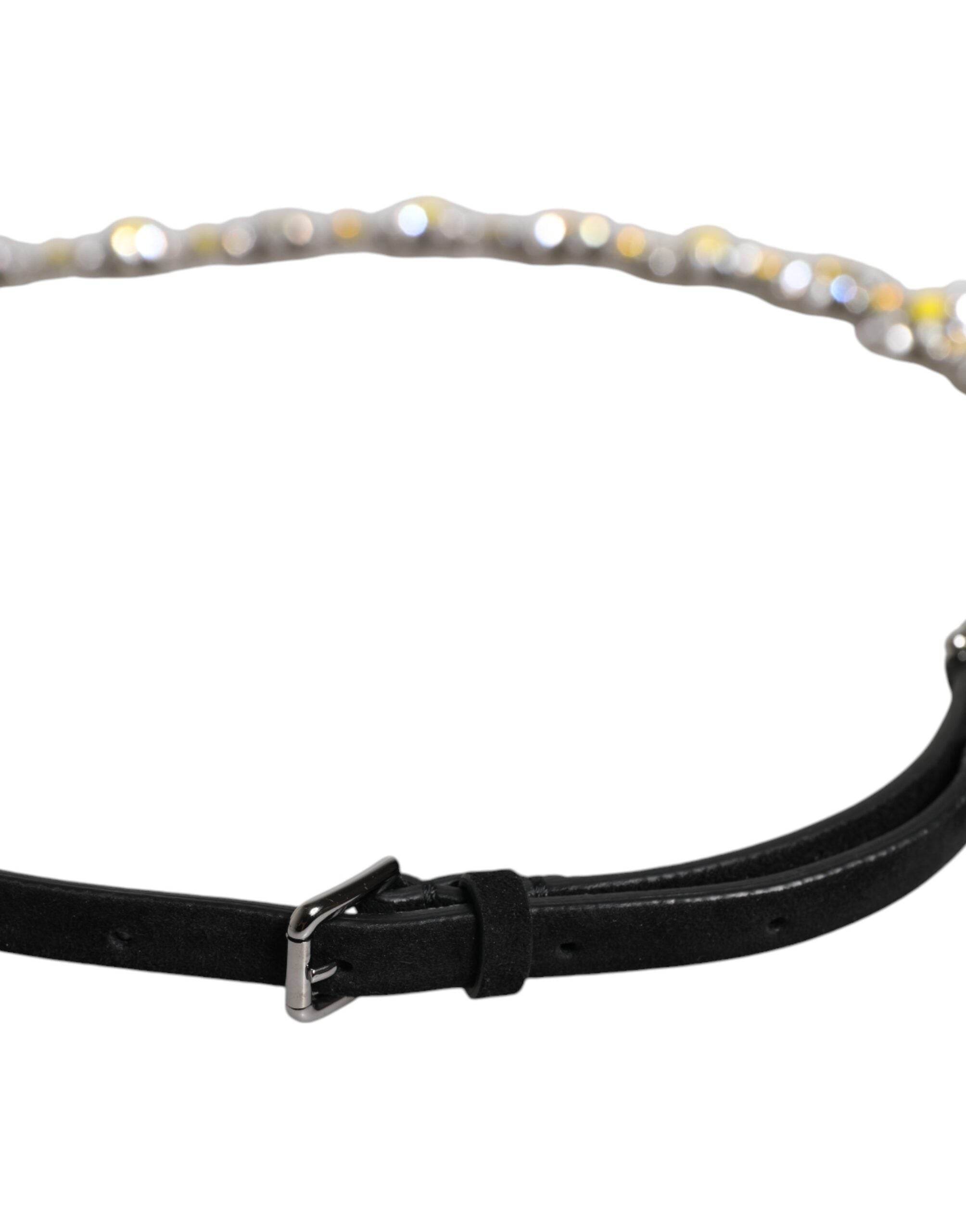 Dolce & Gabbana Black Leather Daisy Crystal Embellish Waist Belt - Hilstor