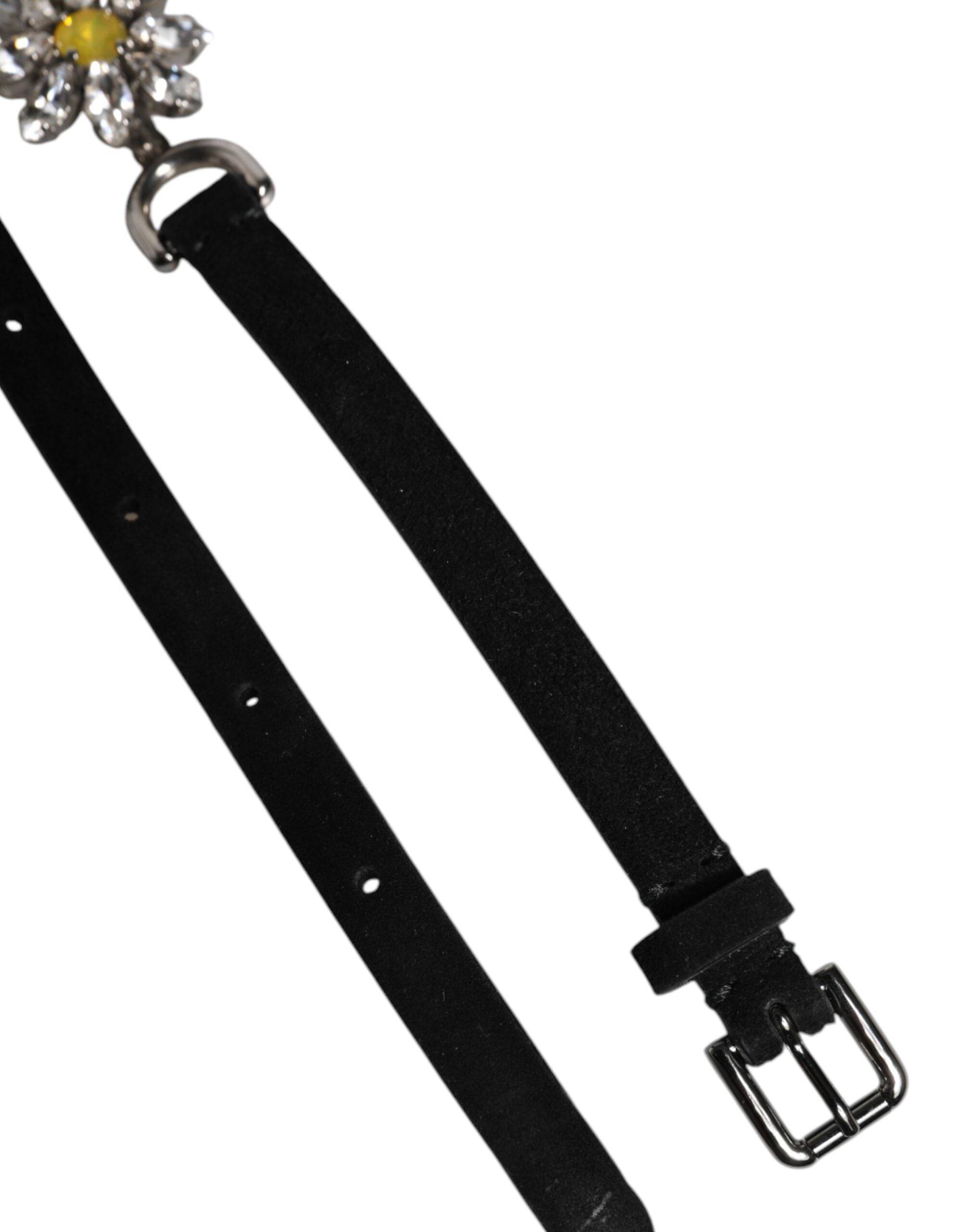 Dolce & Gabbana Black Leather Daisy Crystal Embellish Waist Belt - Hilstor