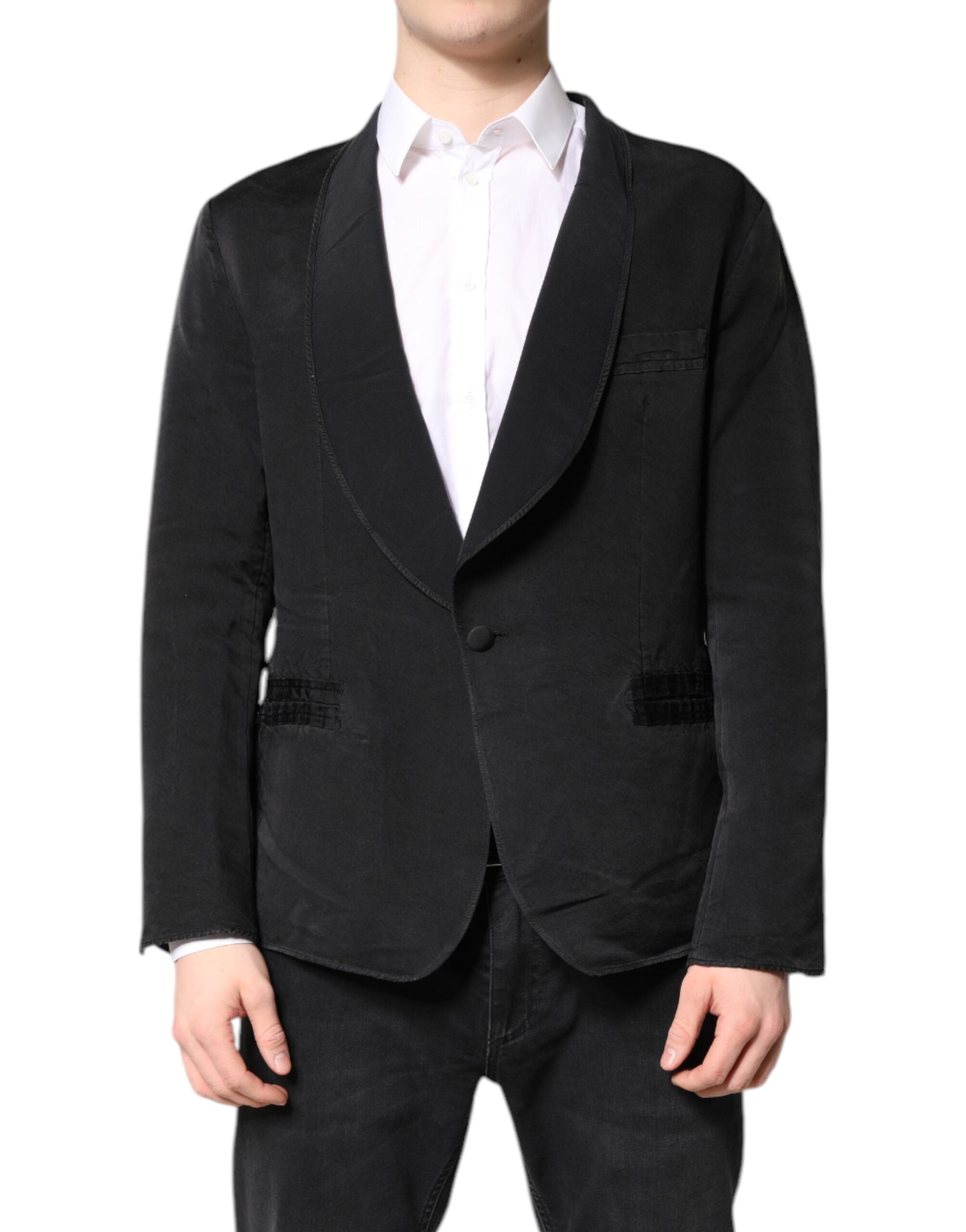 Dolce &amp; Gabbana Sort Silke Enkeltradet Frakke Blazer Suit