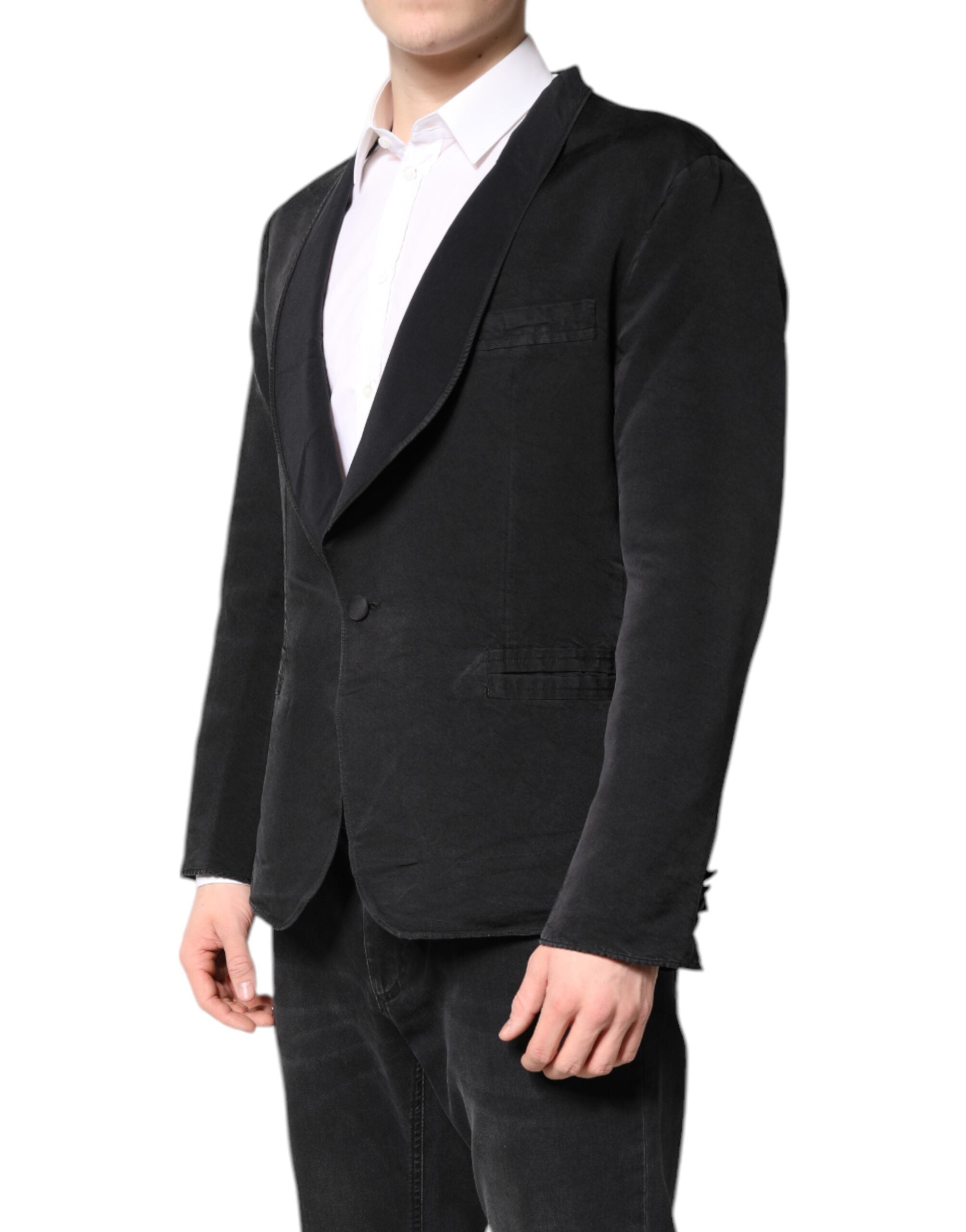 Dolce &amp; Gabbana Sort Silke Enkeltradet Frakke Blazer Suit