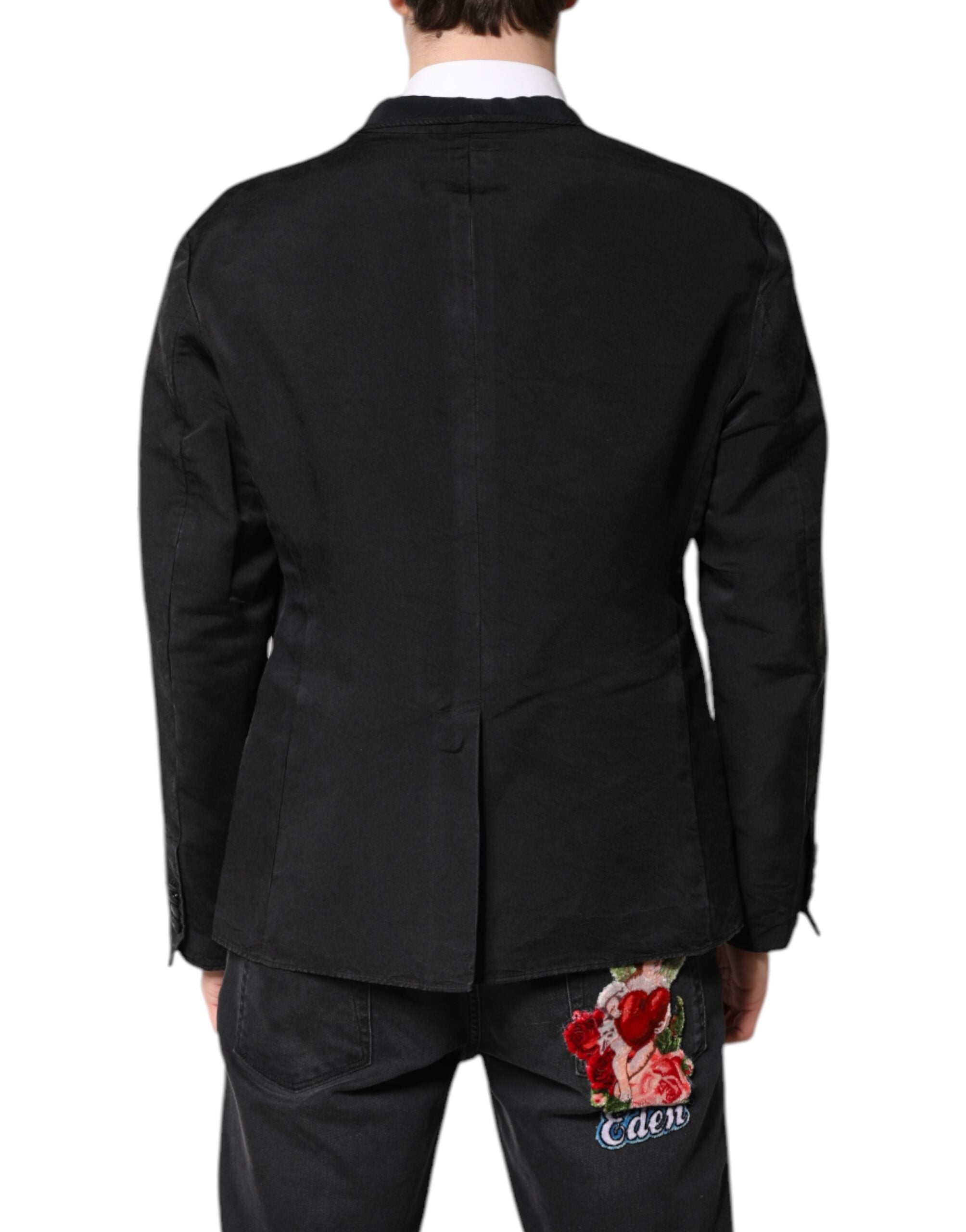 Dolce &amp; Gabbana Sort Silke Enkeltradet Frakke Blazer Suit