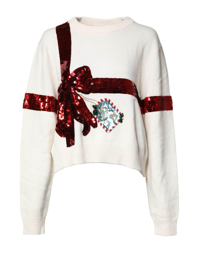 Dolce & Gabbana White Sequined Crew Neck Pullover Sweater - Hilstor