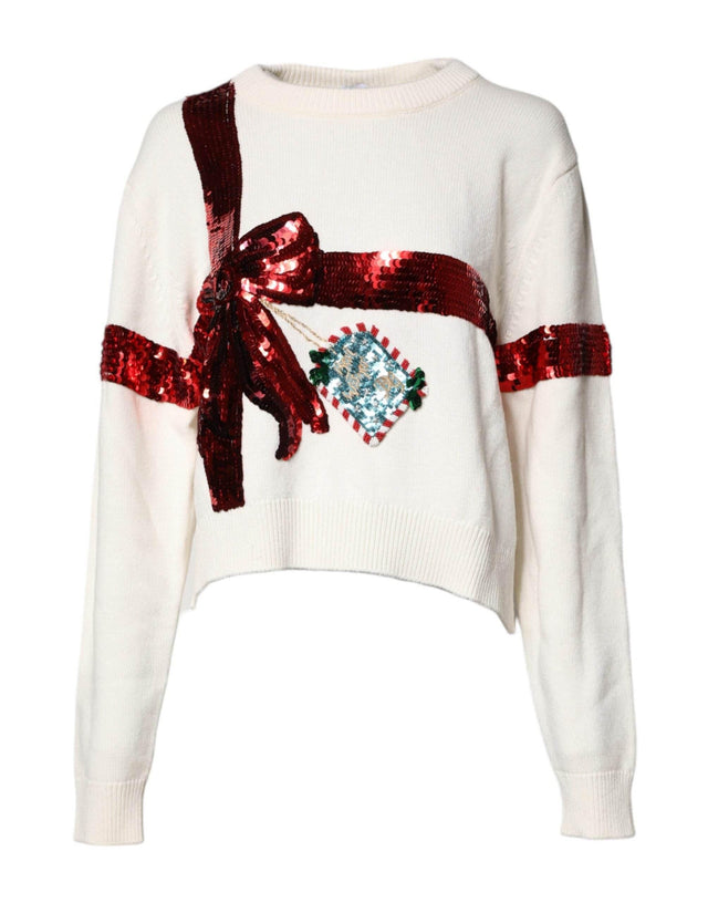 Dolce & Gabbana White Sequined Crew Neck Pullover Sweater - Hilstor