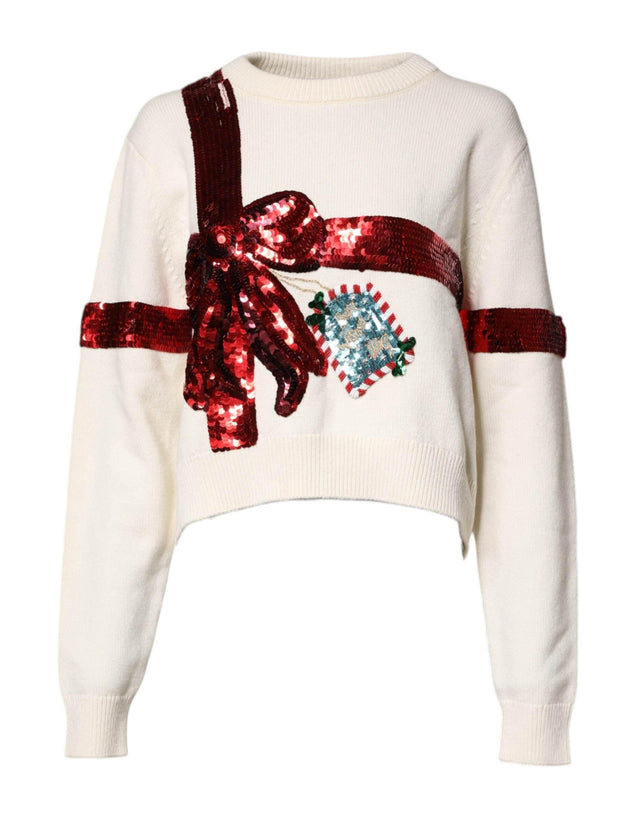 Dolce & Gabbana White Sequined Crew Neck Pullover Sweater - Hilstor