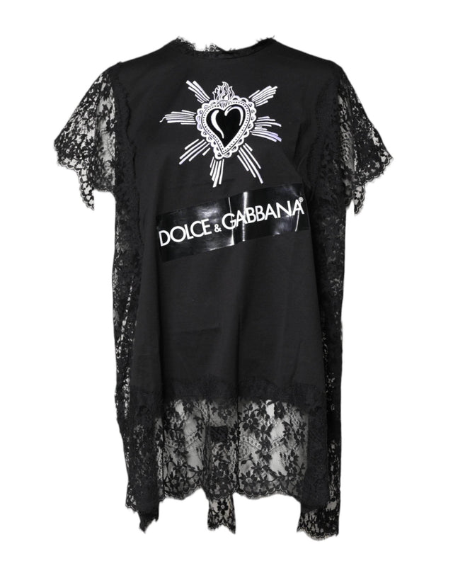 Dolce & Gabbana Black Lace Sheer Sacred Heart Crew Neck Top - Hilstor