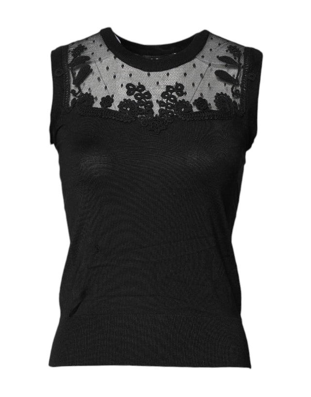 Dolce & Gabbana Black Lace Sheer Crew Neck Sleeveless Top - Hilstor