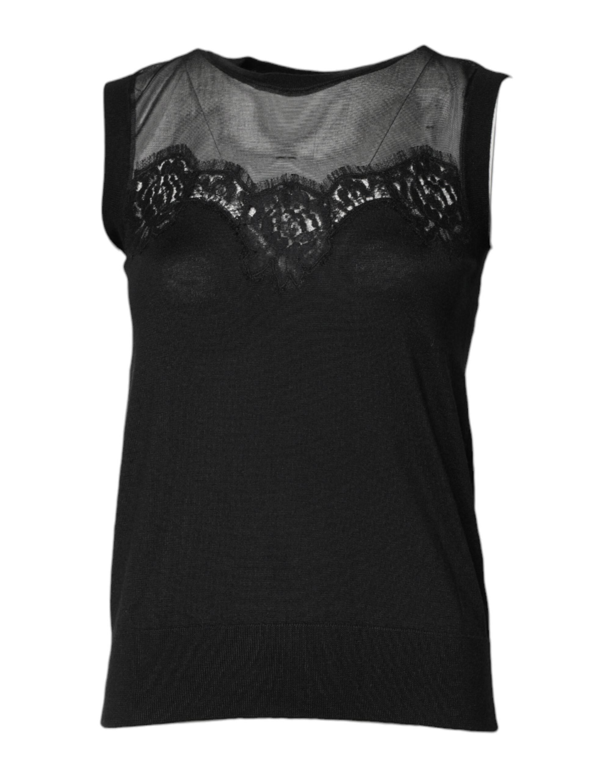 Dolce & Gabbana Black Lace Sheer Crew Neck Sleeveless Top - Hilstor