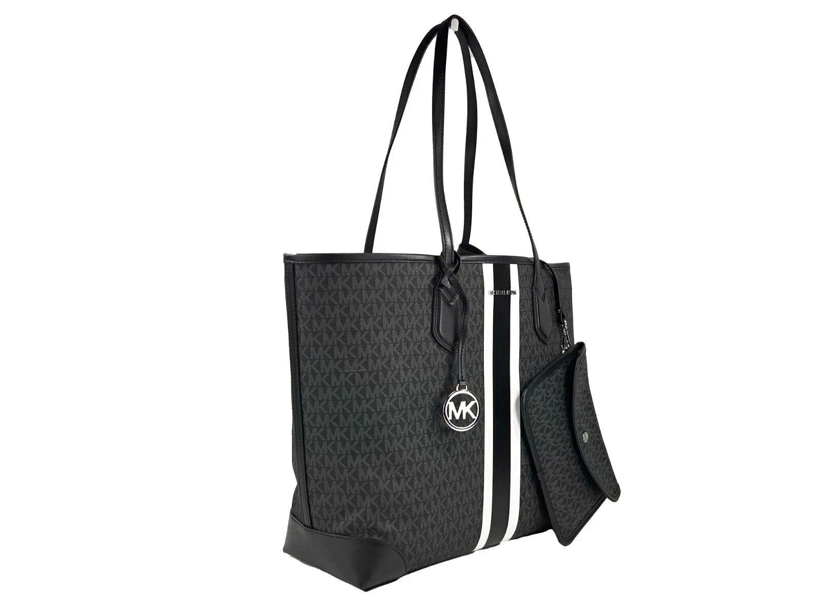 Michael Kors Eva Large Stripe Travel Tote Bag Plus Pouch Black