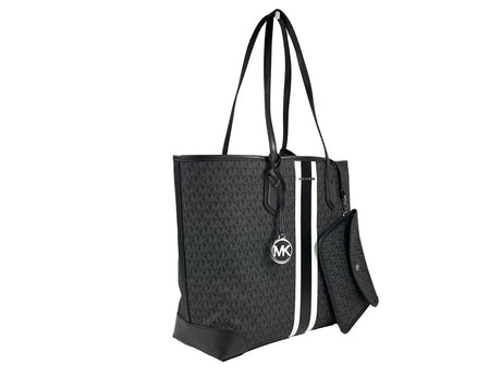 Michael Kors Eva Large Stripe Travel Tote Bag Plus Pouch Black