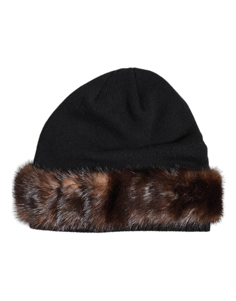 Dolce & Gabbana Black Fur Embellish Knitted Winter Beanie Hat - Hilstor