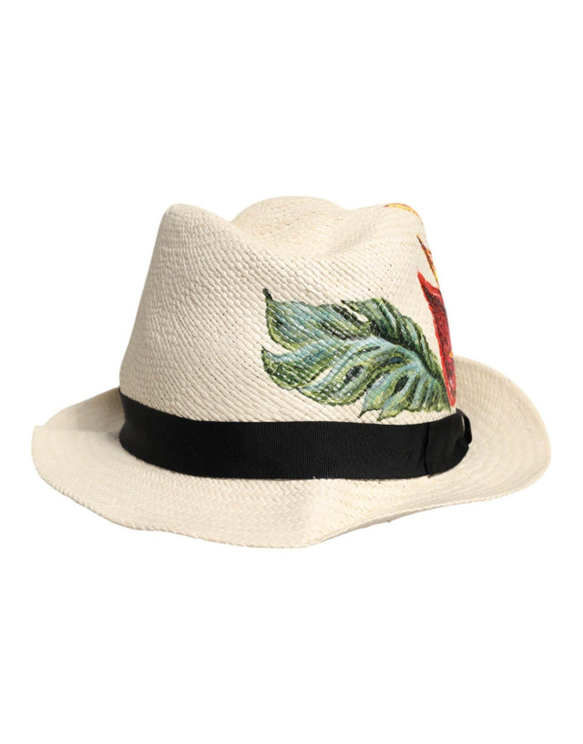 Dolce & Gabbana Beige Floral Print Straw Wide Brim Fedora Hat - Hilstor