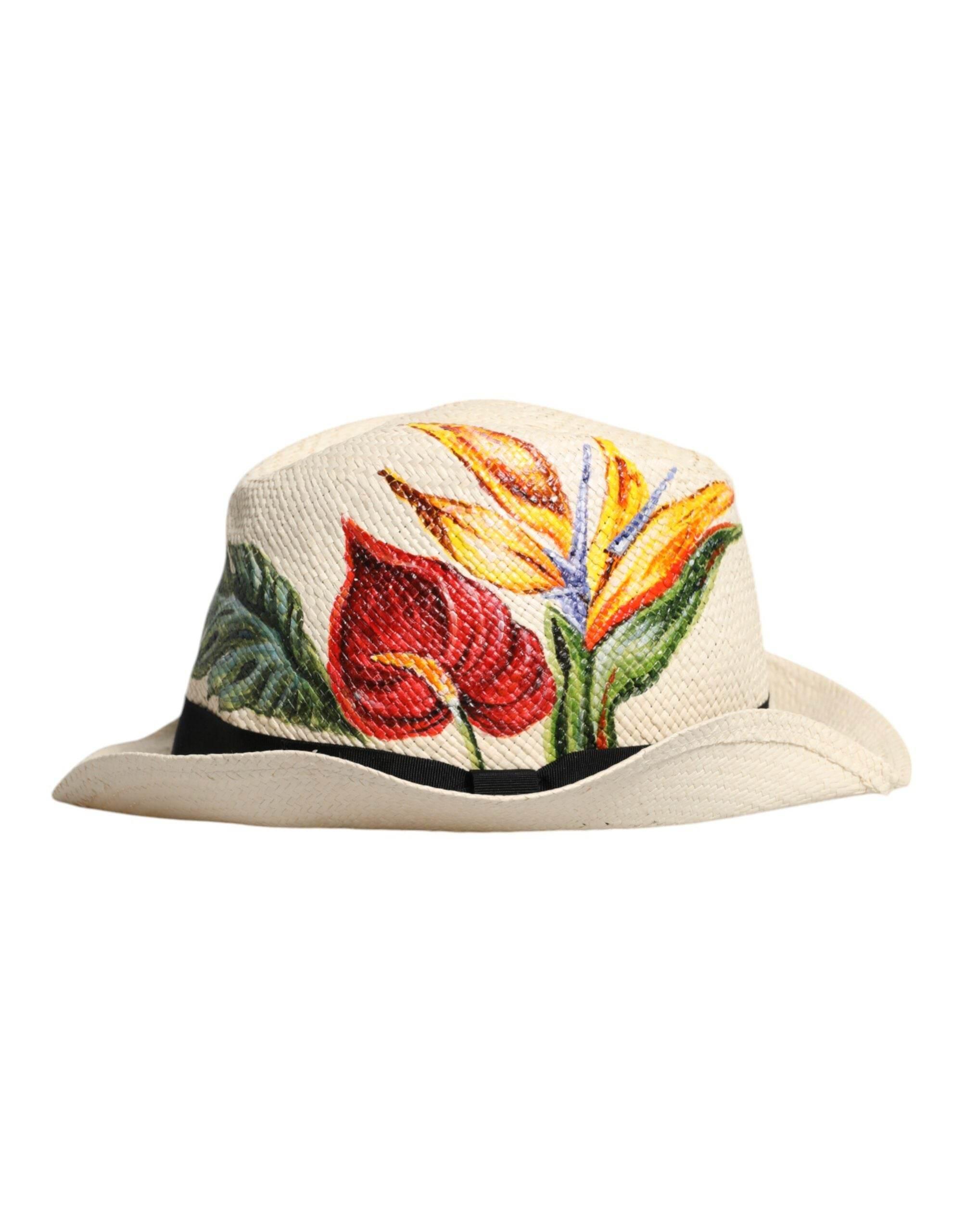 Dolce & Gabbana Beige Floral Print Straw Wide Brim Fedora Hat - Hilstor