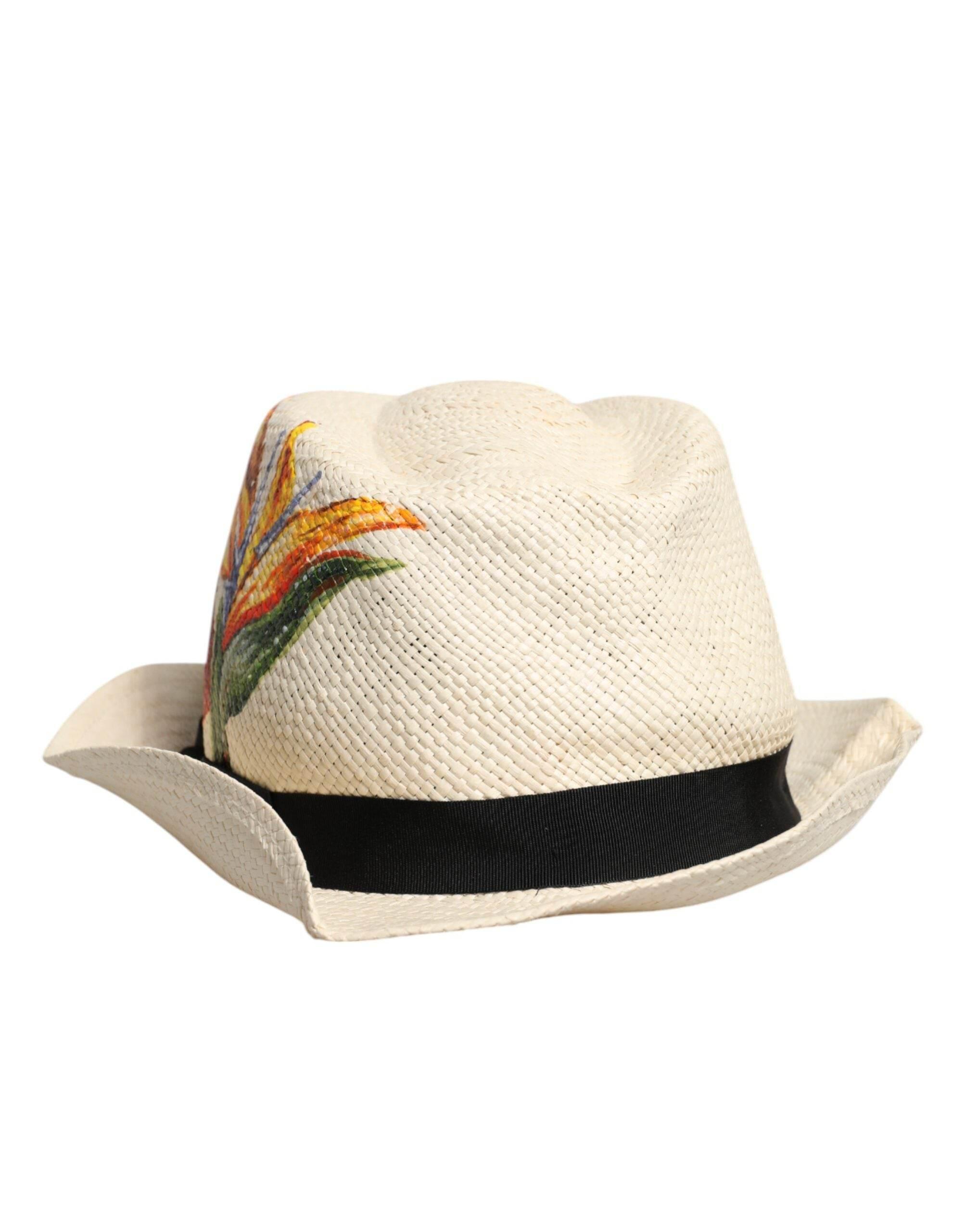 Dolce & Gabbana Beige Floral Print Straw Wide Brim Fedora Hat - Hilstor