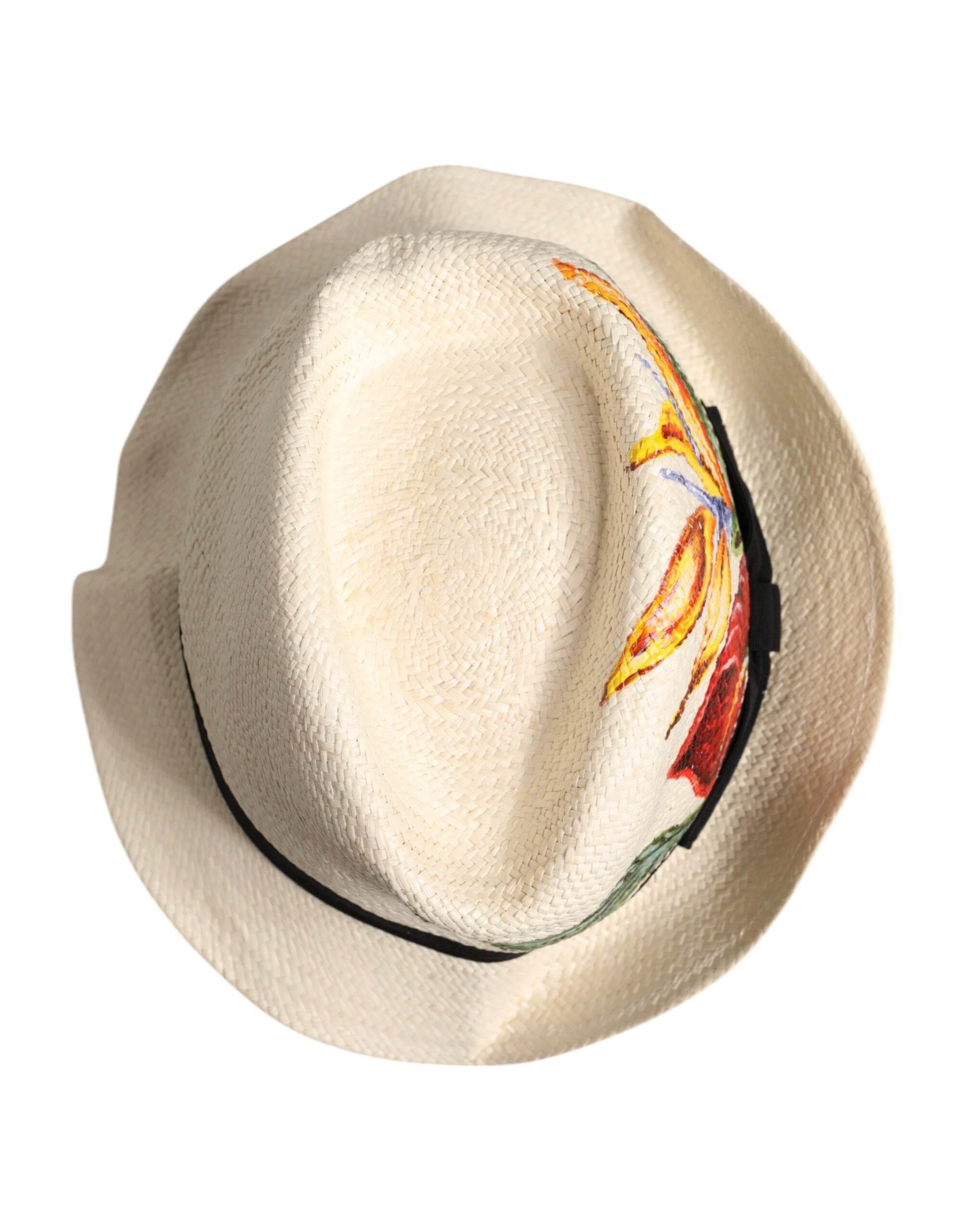 Dolce & Gabbana Beige Floral Print Straw Wide Brim Fedora Hat - Hilstor