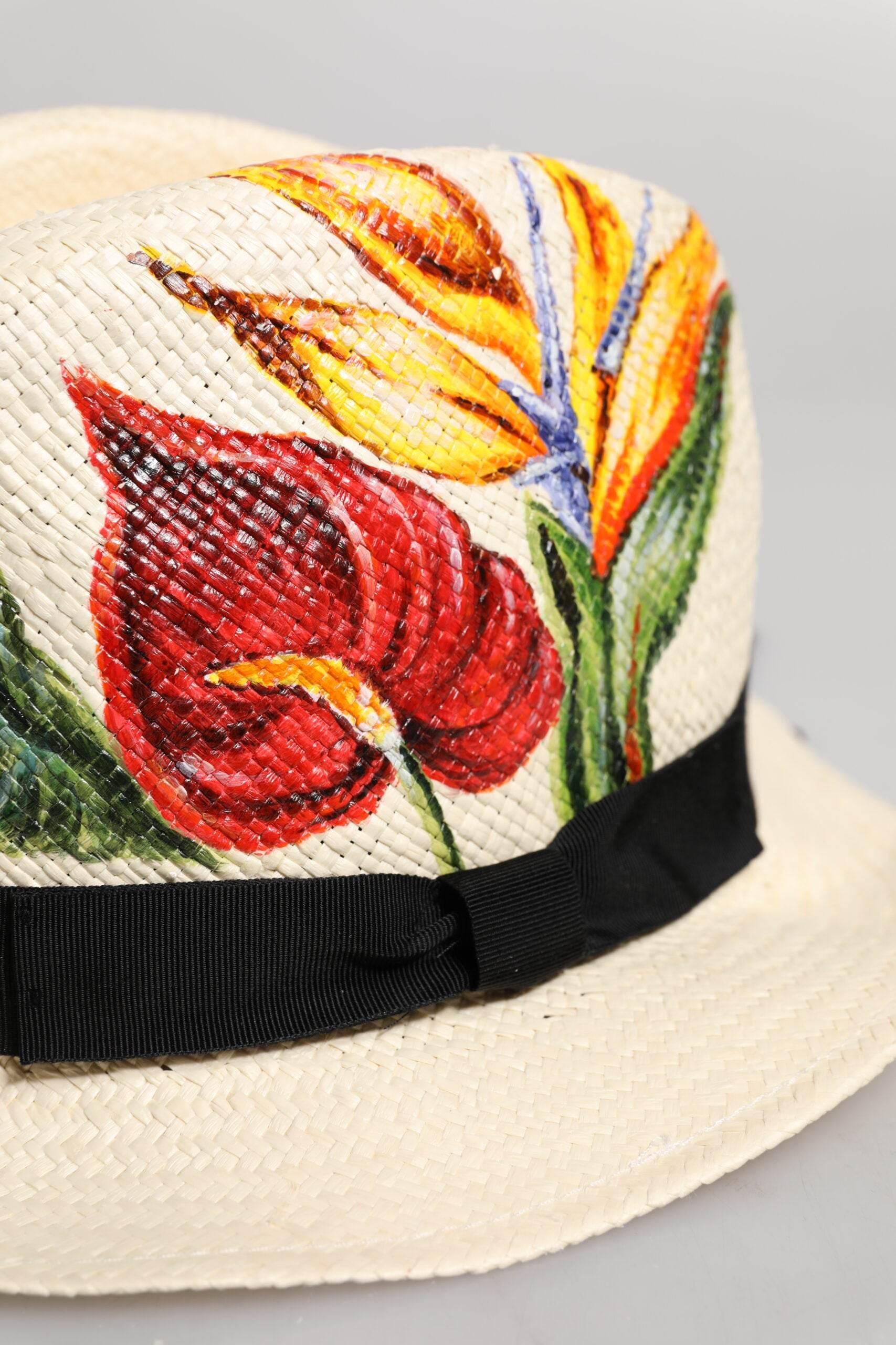 Dolce & Gabbana Beige Floral Print Straw Wide Brim Fedora Hat - Hilstor