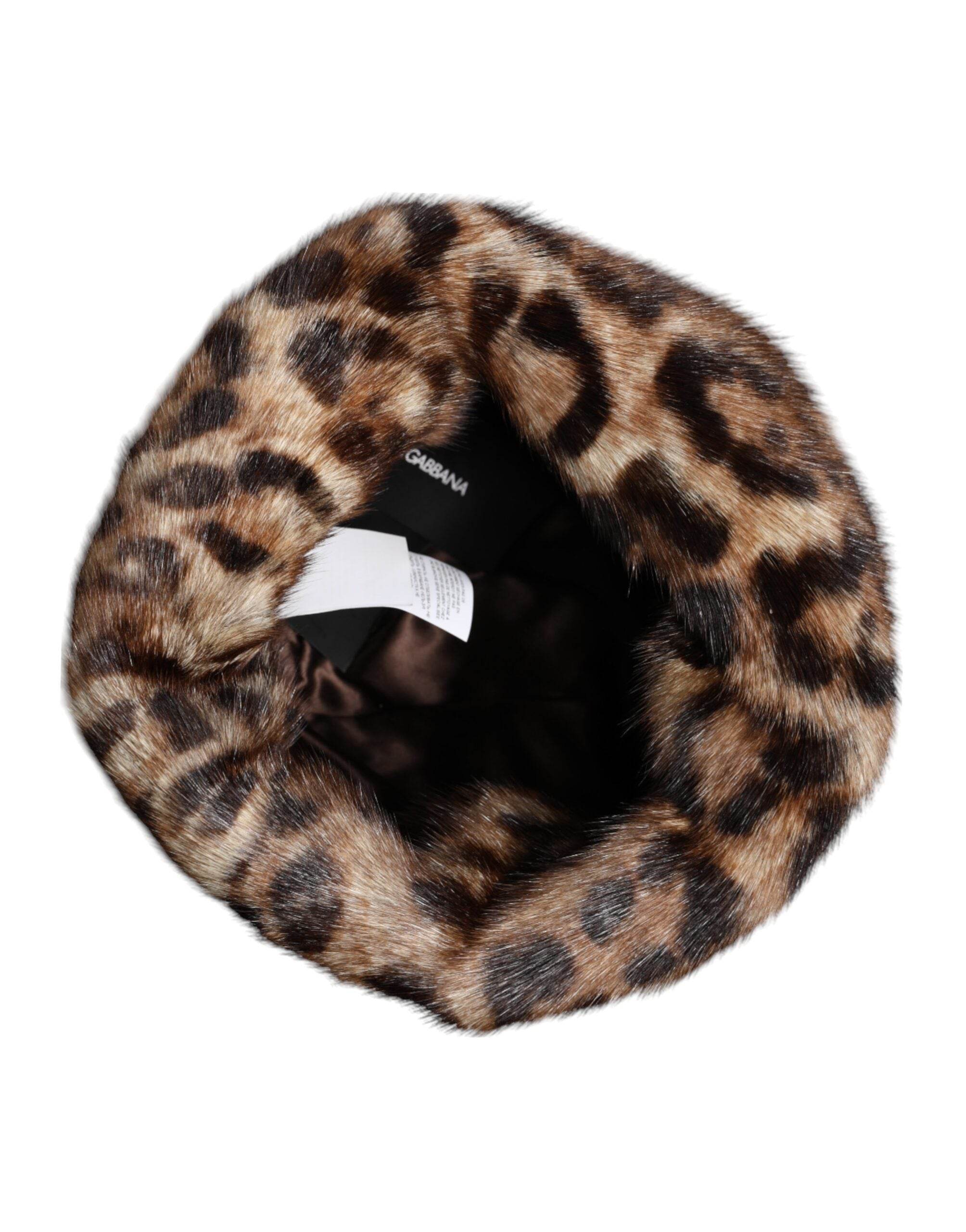 Dolce & Gabbana Brown Leopard Faux Fur Women Bucket Hat - Hilstor