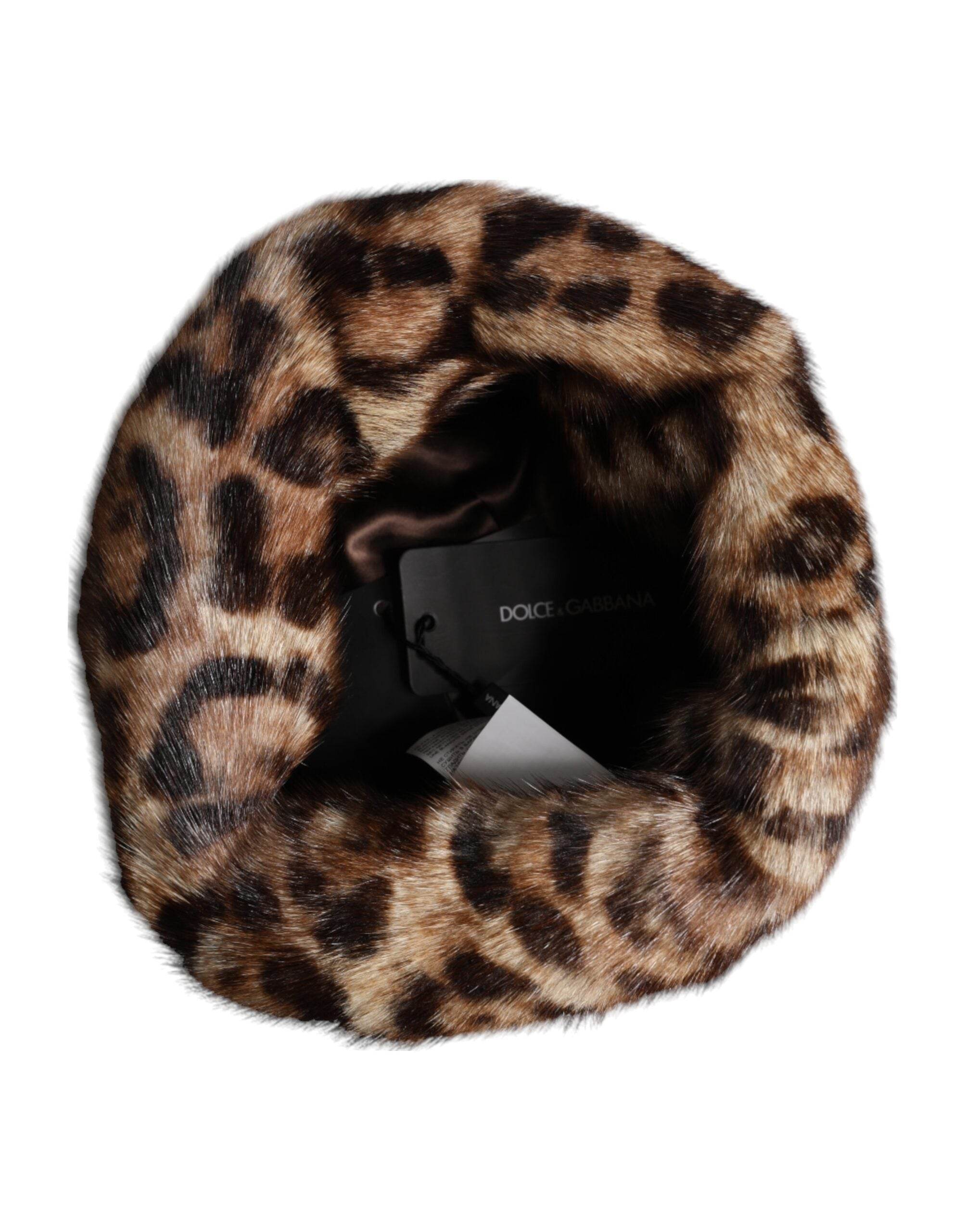 Dolce & Gabbana Brown Leopard Faux Fur Women Bucket Hat - Hilstor
