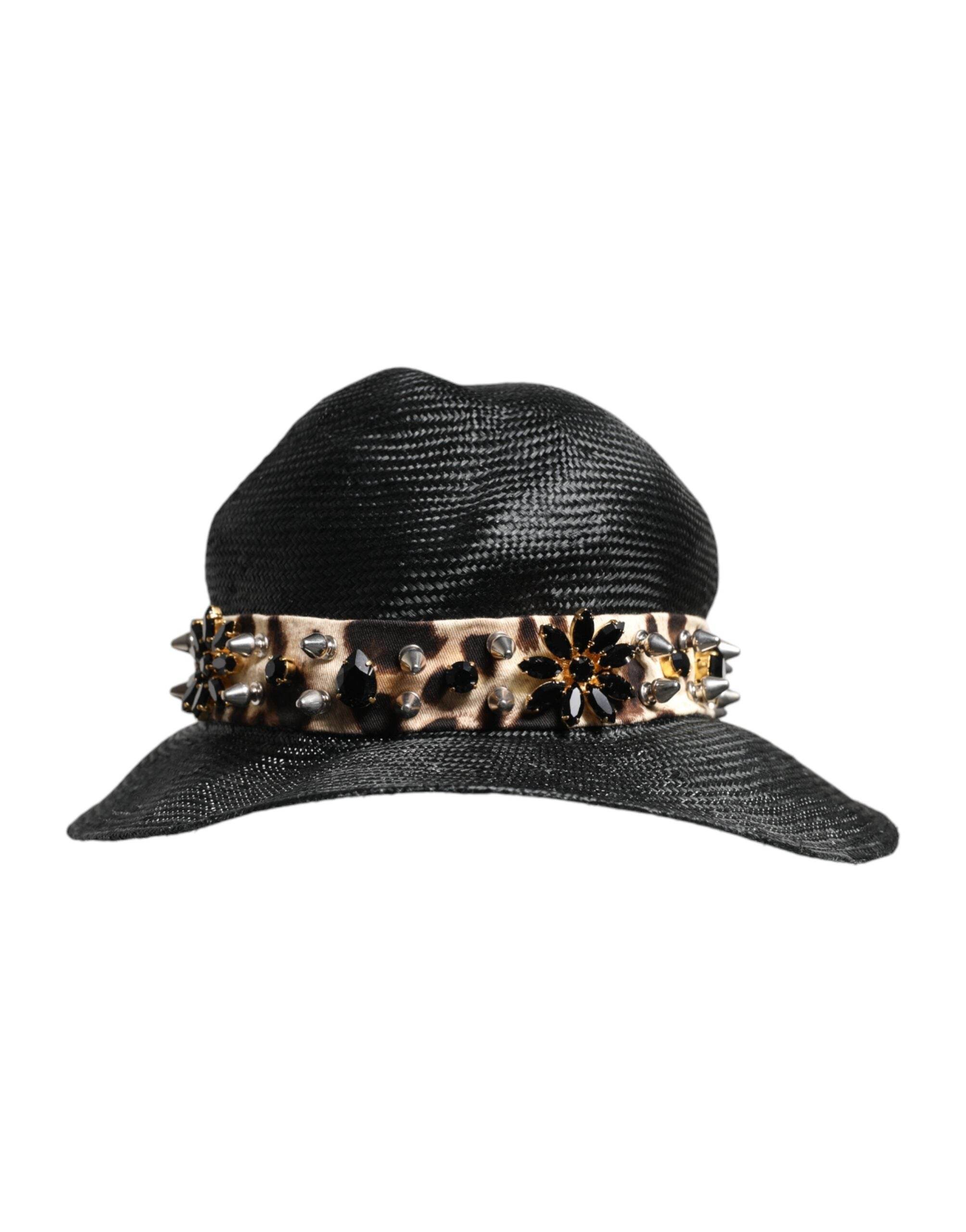 Dolce & Gabbana Black Straw Crystal Embellished Wide Brim Hat - Hilstor