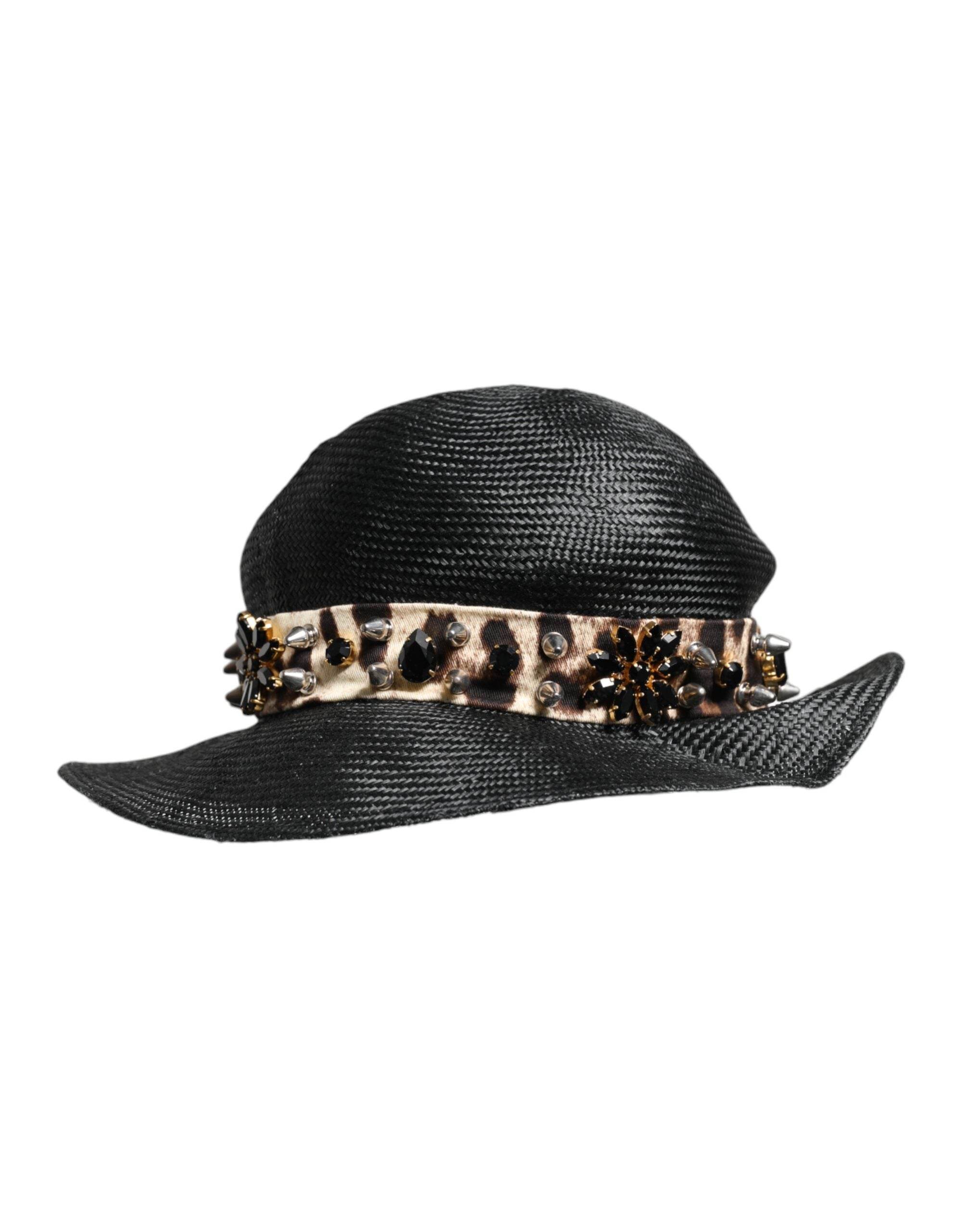 Dolce & Gabbana Black Straw Crystal Embellished Wide Brim Hat - Hilstor