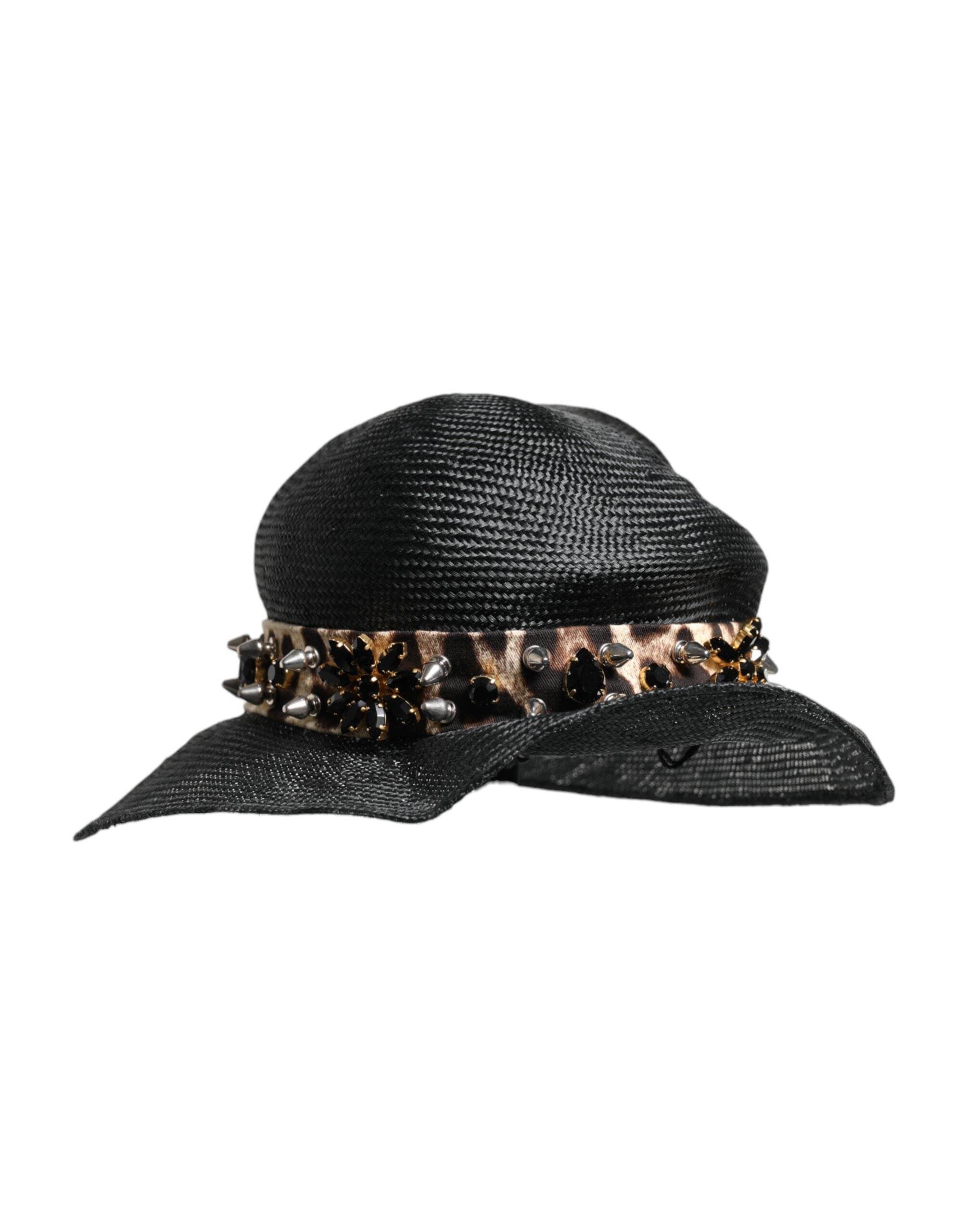 Dolce & Gabbana Black Straw Crystal Embellished Wide Brim Hat - Hilstor