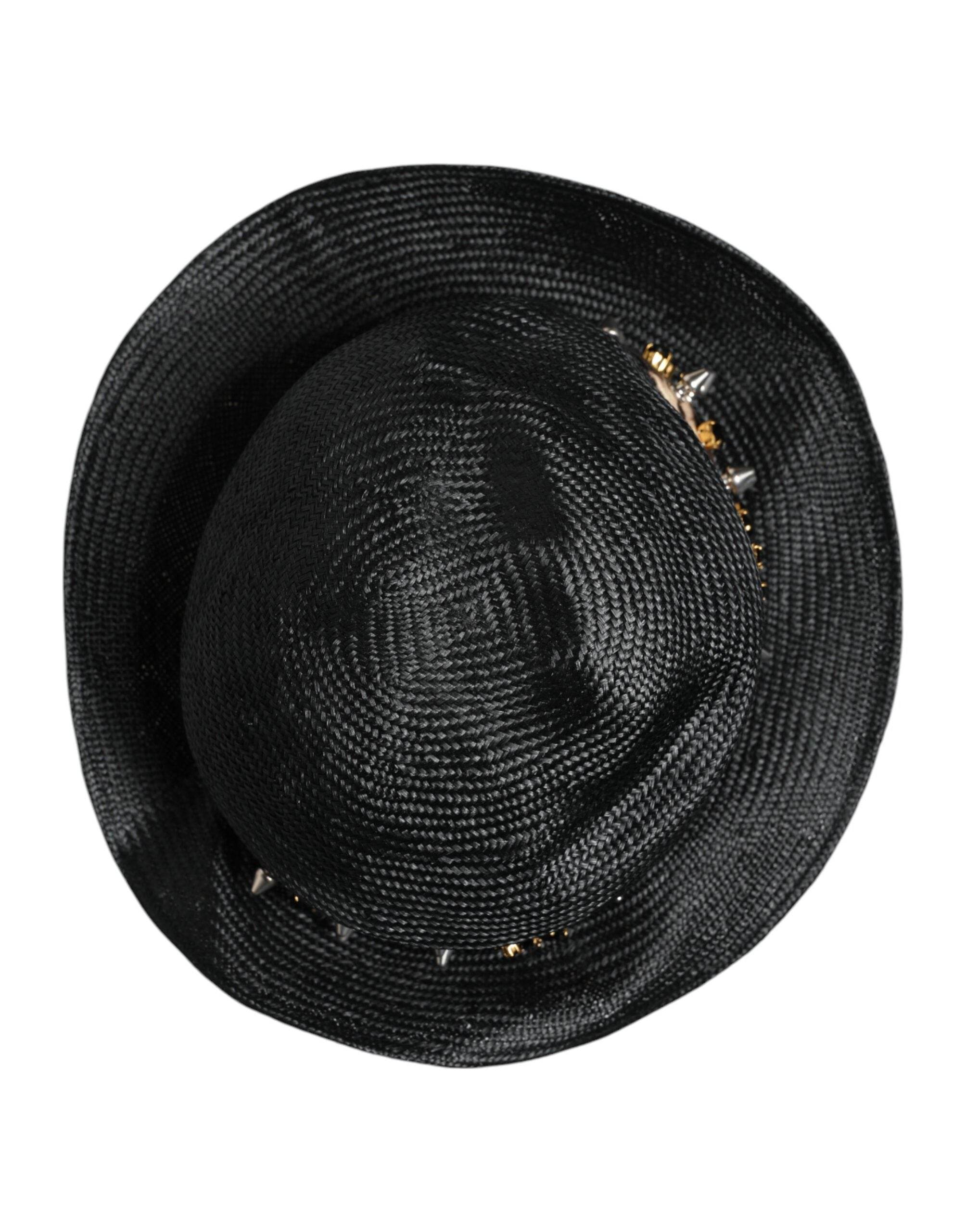 Dolce & Gabbana Black Straw Crystal Embellished Wide Brim Hat - Hilstor