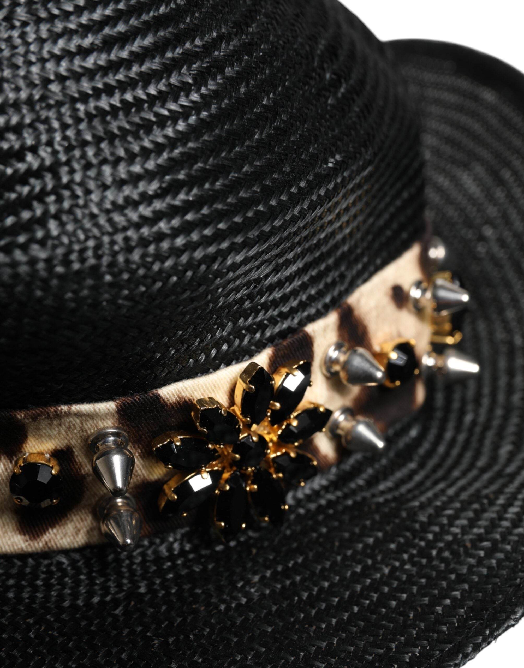 Dolce & Gabbana Black Straw Crystal Embellished Wide Brim Hat - Hilstor