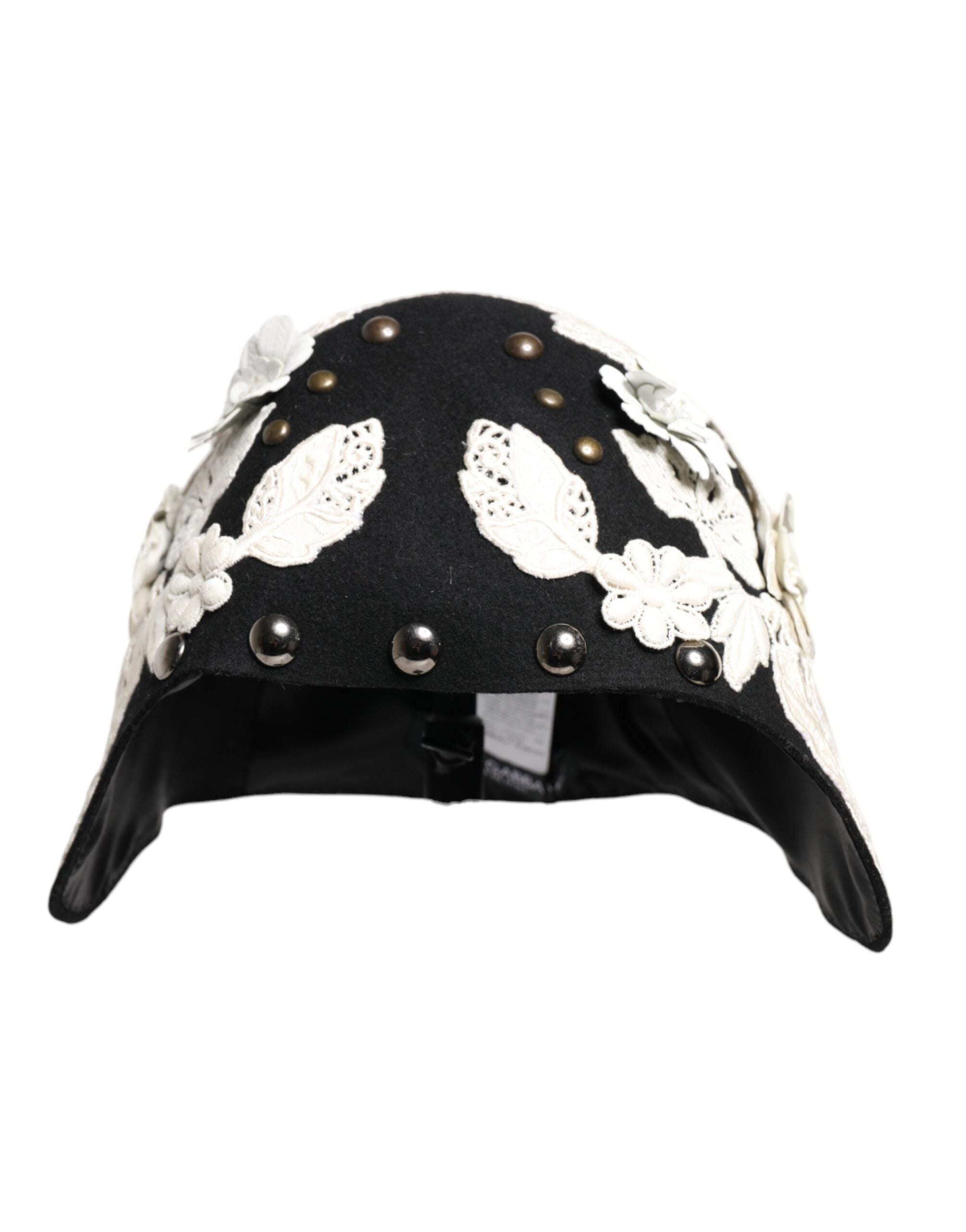 Dolce &amp; Gabbana Sort Uld Hvid Blomster Guldblad Cloche Hat