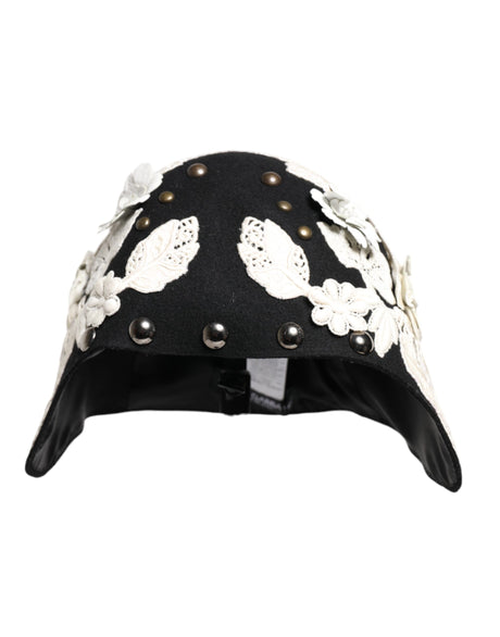 Dolce &amp; Gabbana Sort Uld Hvid Blomster Guldblad Cloche Hat