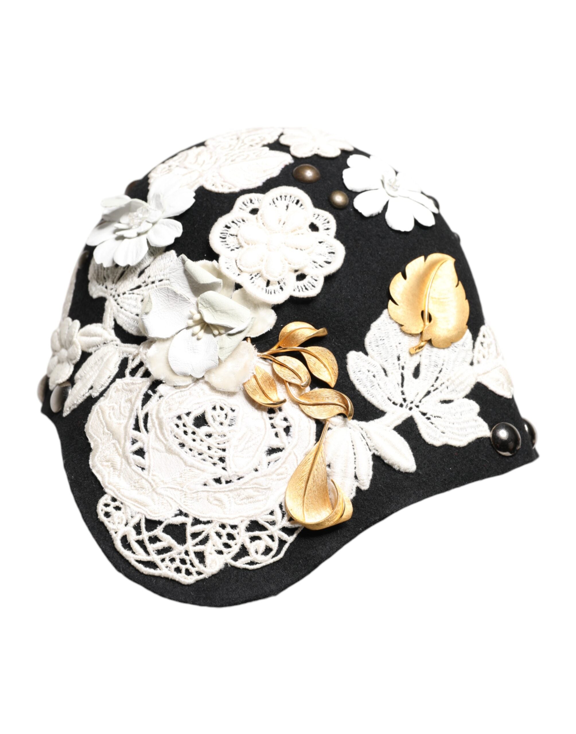 Dolce &amp; Gabbana Sort Uld Hvid Blomster Guldblad Cloche Hat
