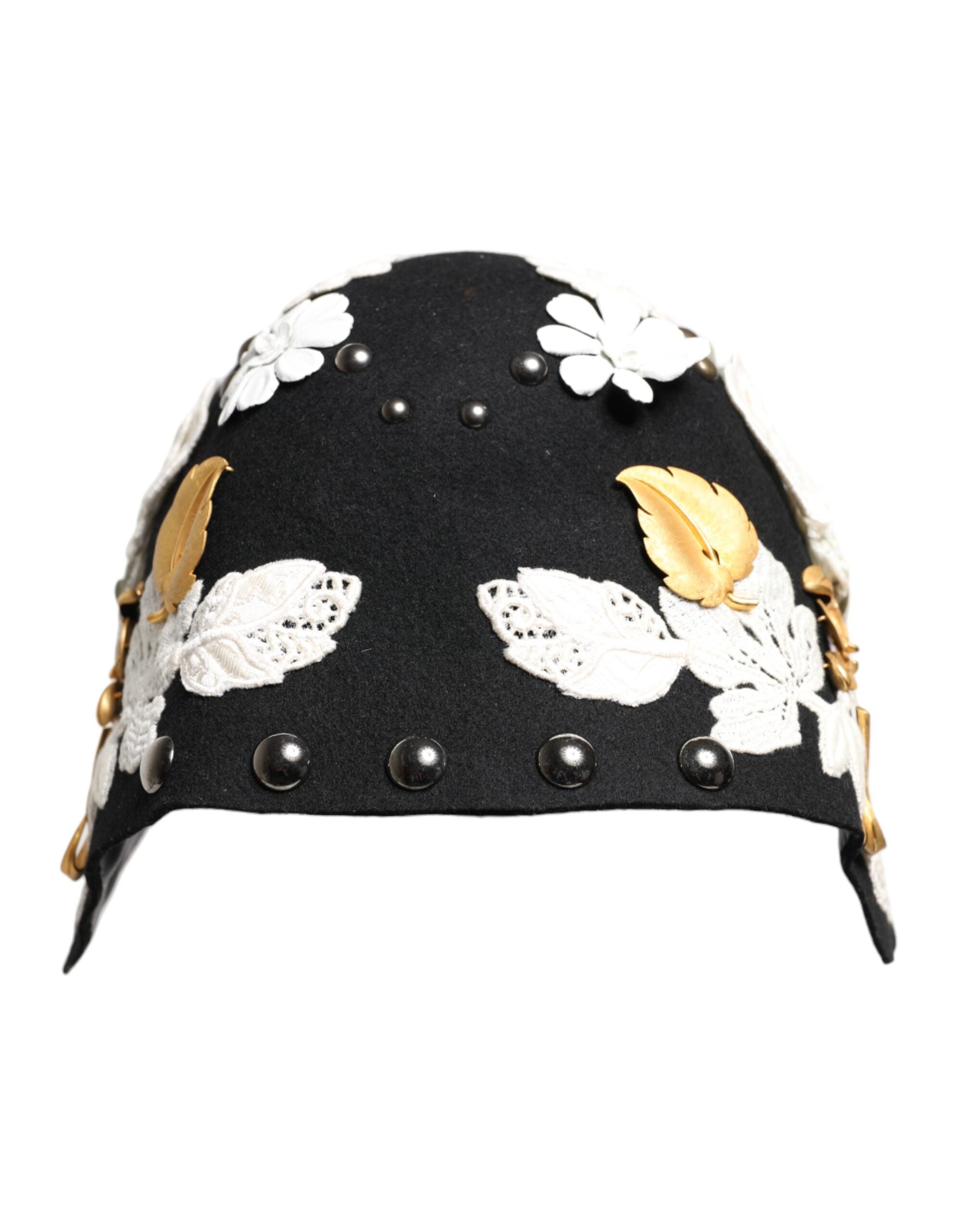 Dolce &amp; Gabbana Sort Uld Hvid Blomster Guldblad Cloche Hat