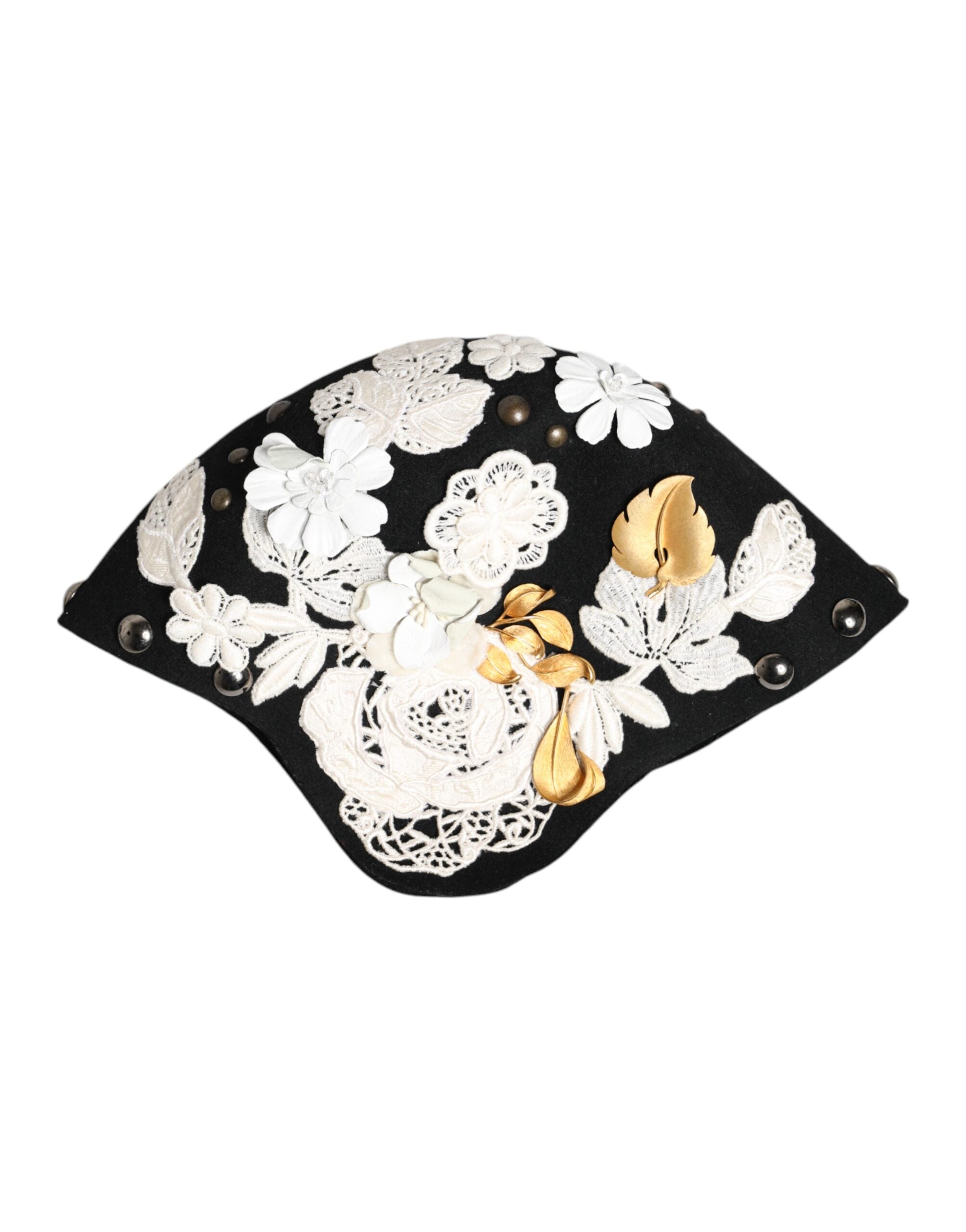 Dolce &amp; Gabbana Sort Uld Hvid Blomster Guldblad Cloche Hat