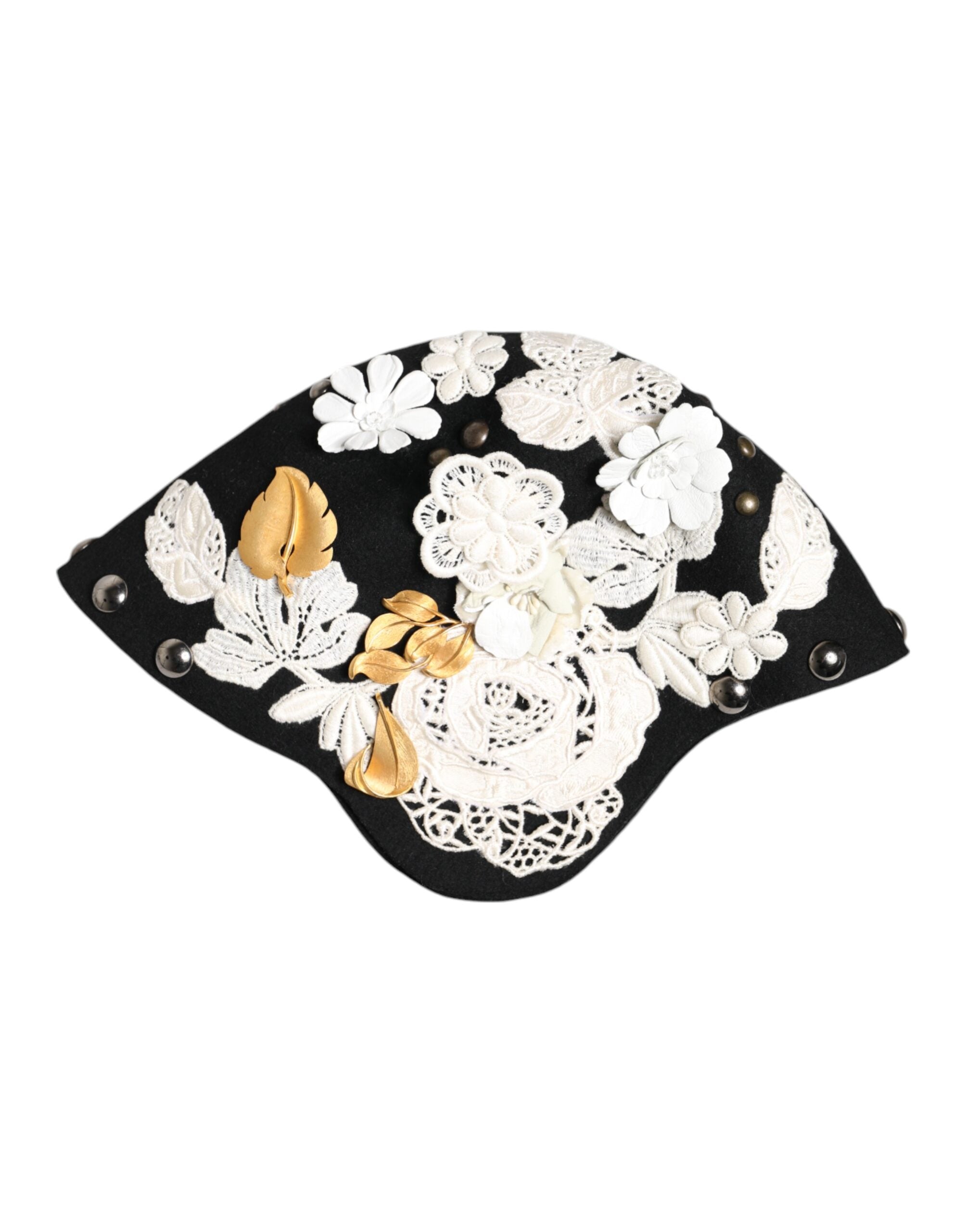Dolce &amp; Gabbana Sort Uld Hvid Blomster Guldblad Cloche Hat