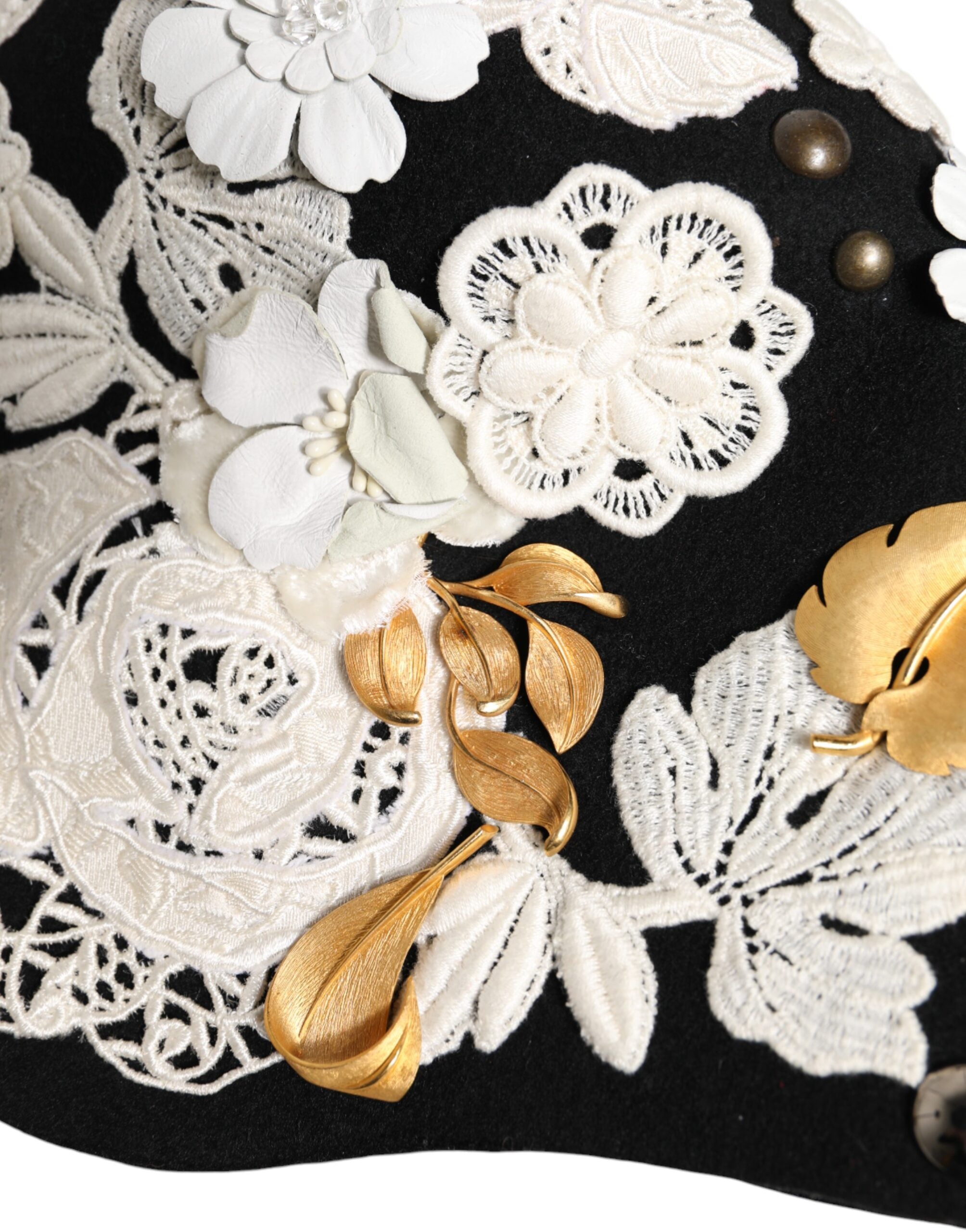 Dolce &amp; Gabbana Sort Uld Hvid Blomster Guldblad Cloche Hat