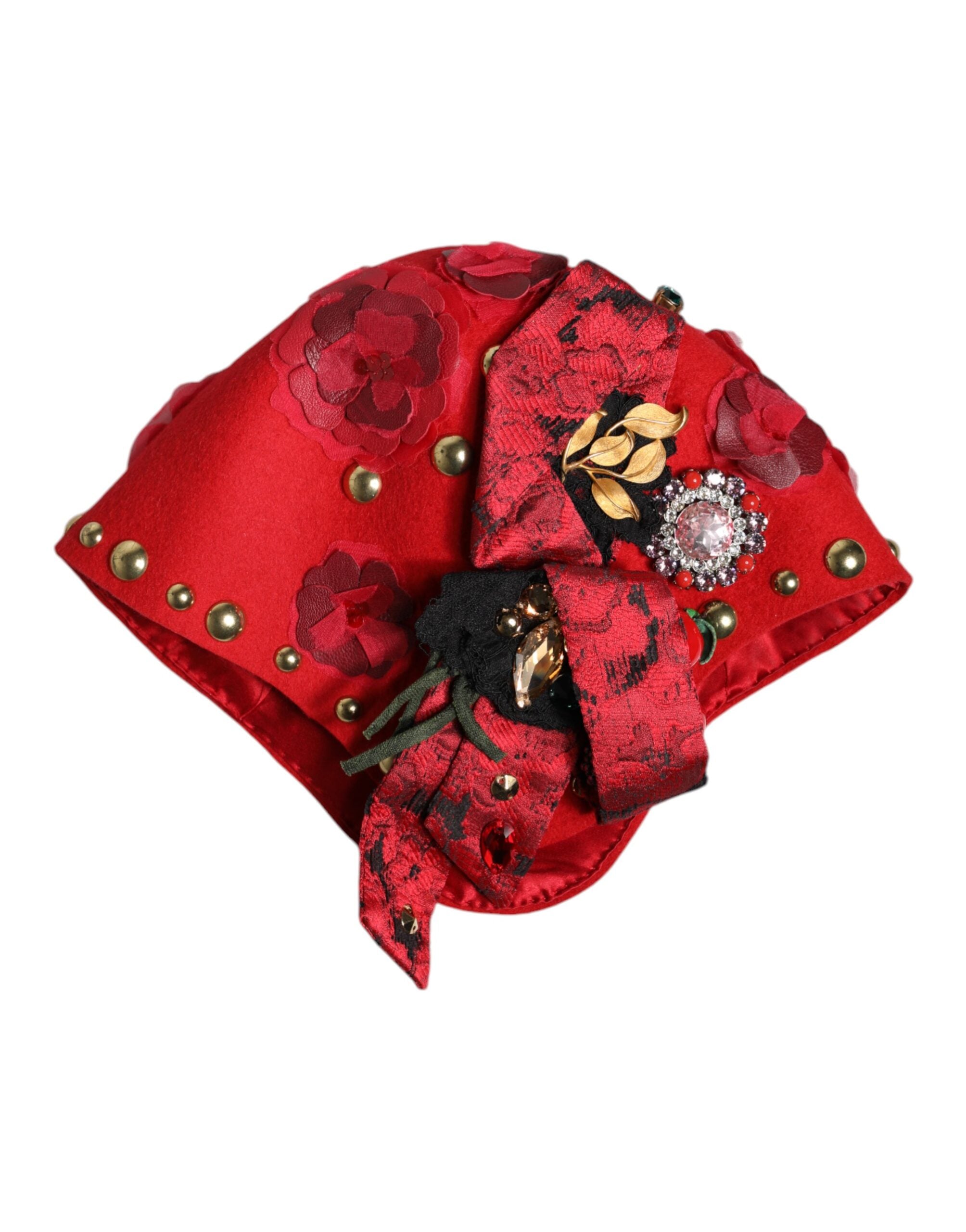 Dolce &amp; Gabbana Rød Krystal Guld Roses Broche Udsmykket Hat