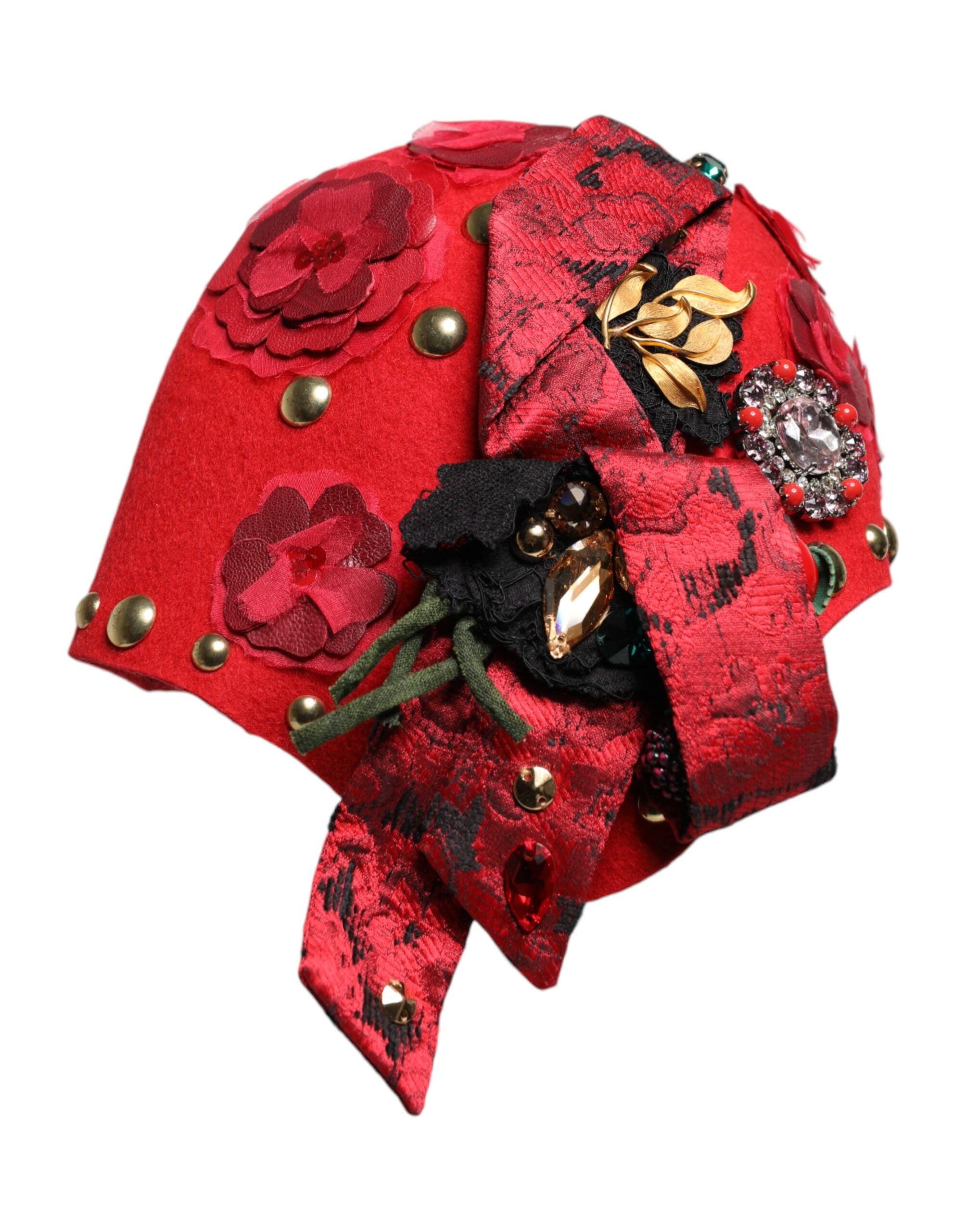 Dolce &amp; Gabbana Rød Krystal Guld Roses Broche Udsmykket Hat