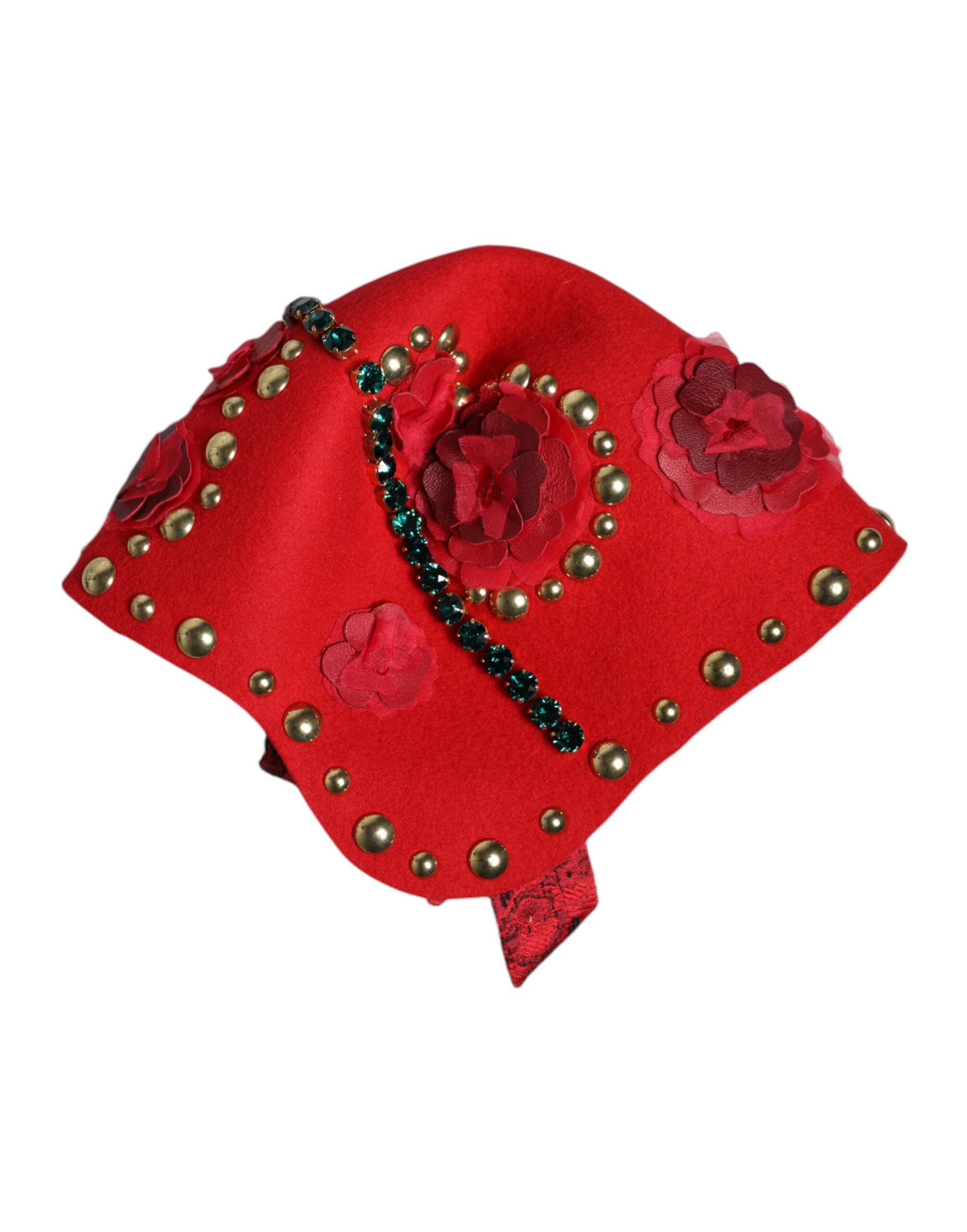Dolce &amp; Gabbana Rød Krystal Guld Roses Broche Udsmykket Hat