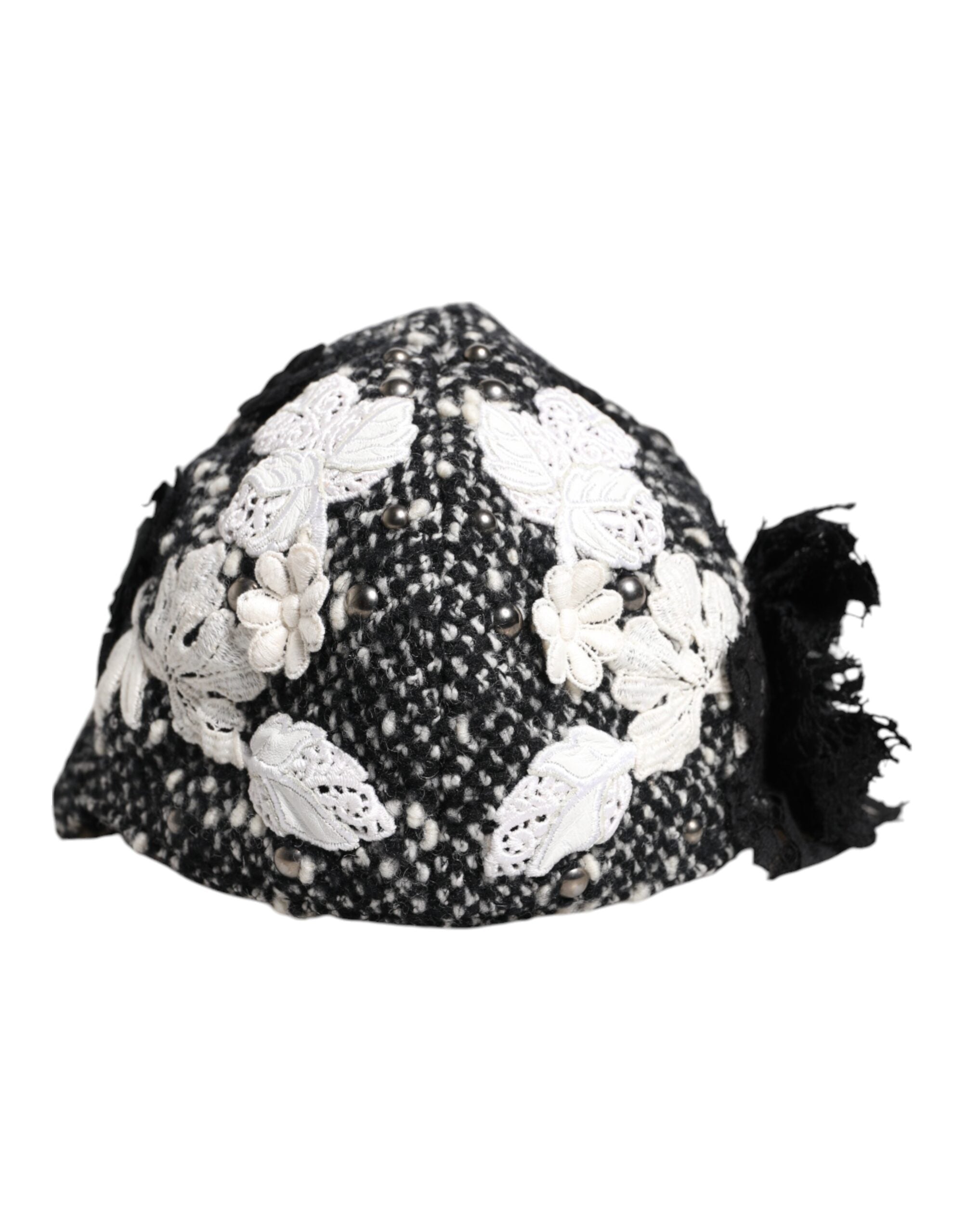 Dolce &amp; Gabbana Sort Uld Hvid Blomsterudsmykket Cloche Hat