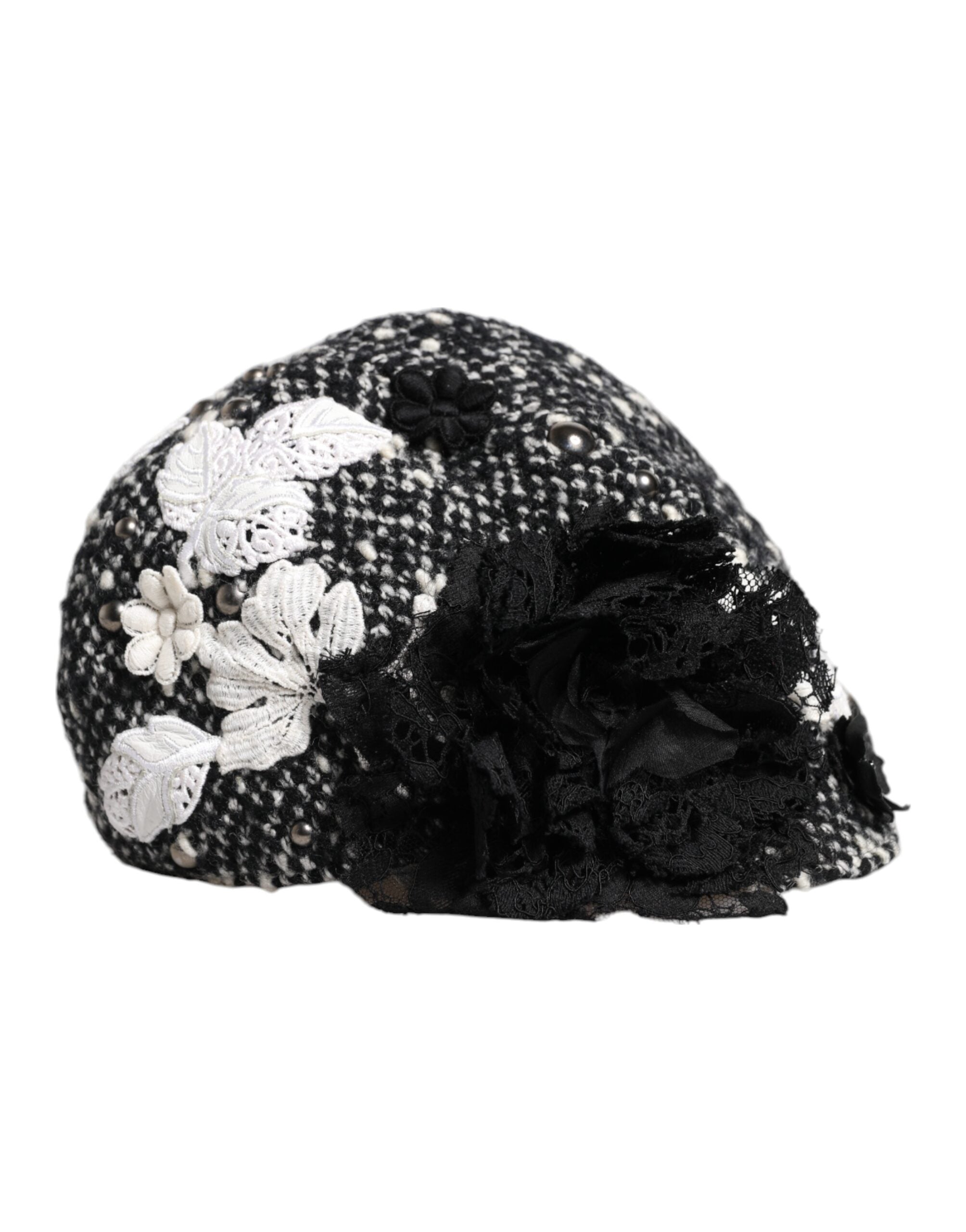 Dolce &amp; Gabbana Sort Uld Hvid Blomsterudsmykket Cloche Hat