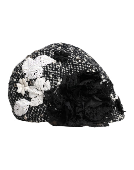 Dolce &amp; Gabbana Sort Uld Hvid Blomsterudsmykket Cloche Hat