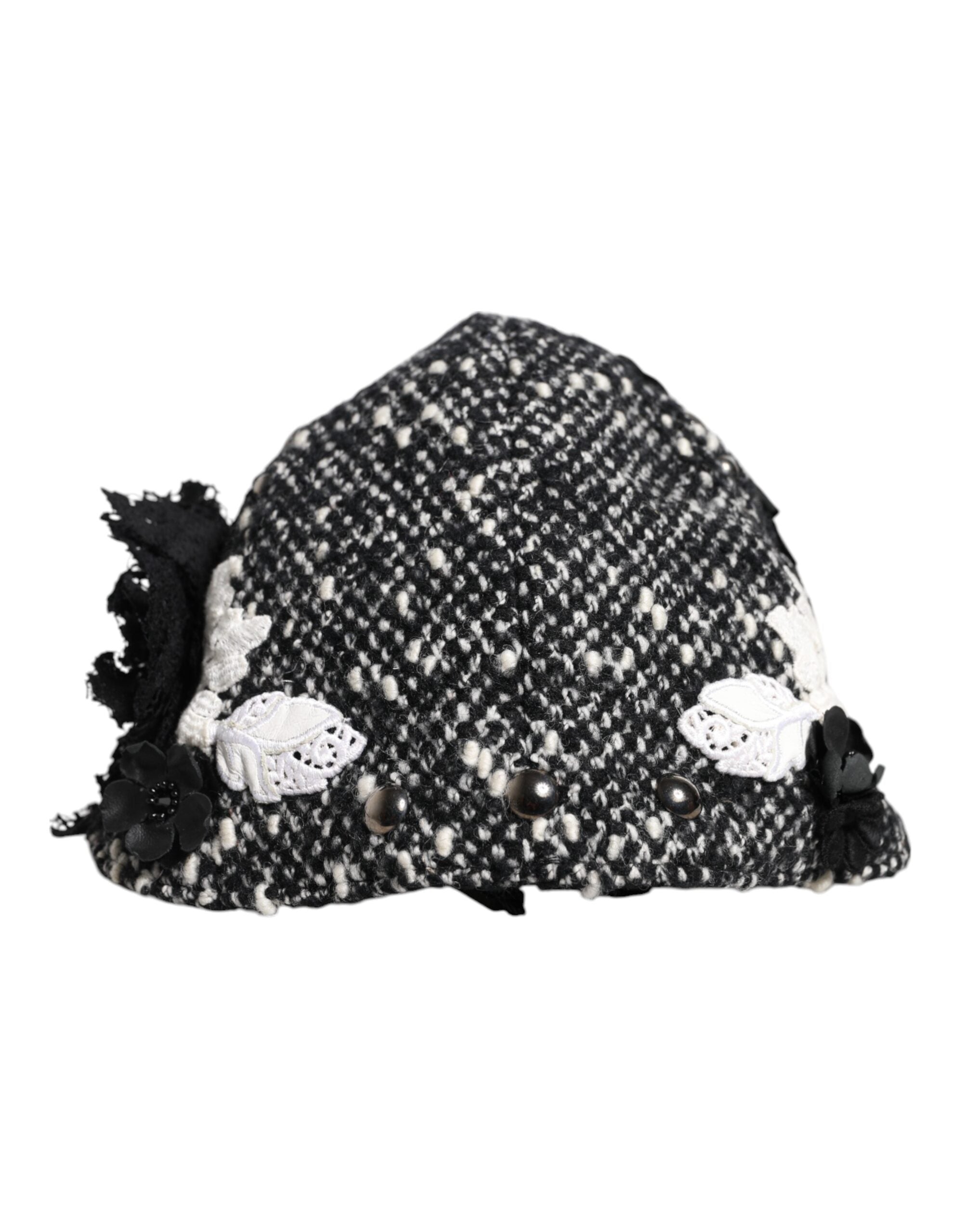 Dolce &amp; Gabbana Sort Uld Hvid Blomsterudsmykket Cloche Hat