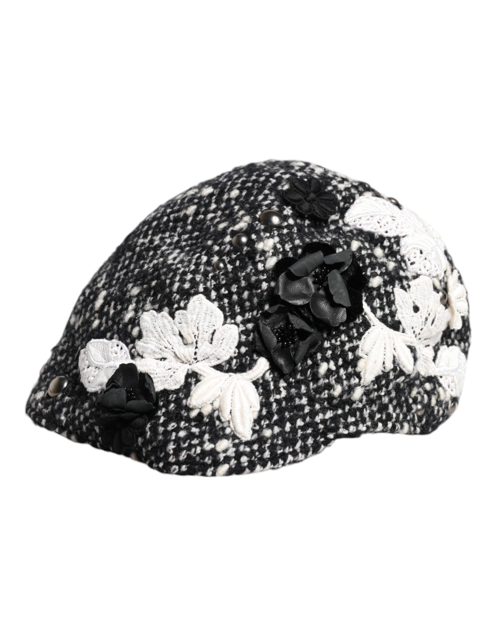 Dolce &amp; Gabbana Sort Uld Hvid Blomsterudsmykket Cloche Hat