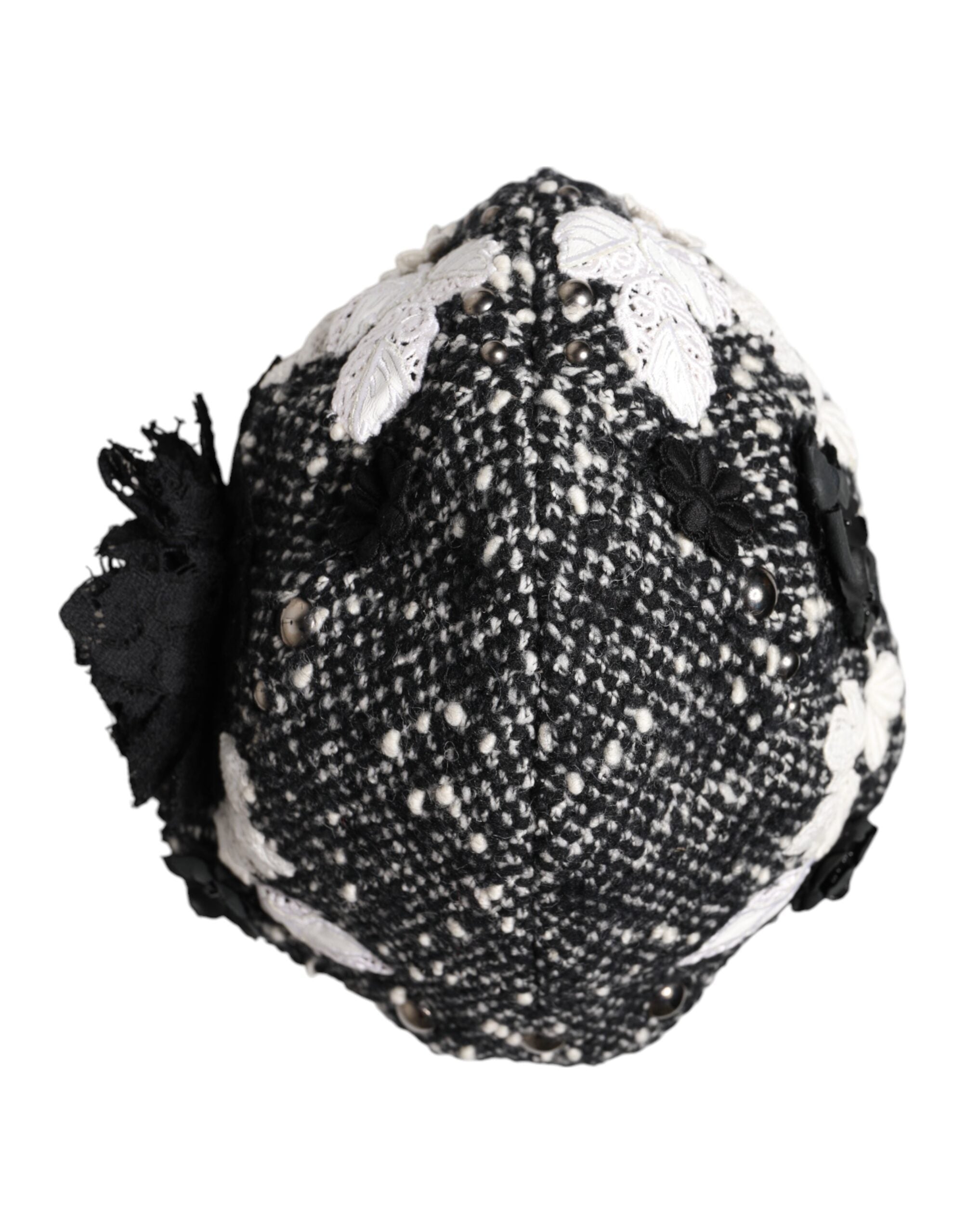Dolce &amp; Gabbana Sort Uld Hvid Blomsterudsmykket Cloche Hat