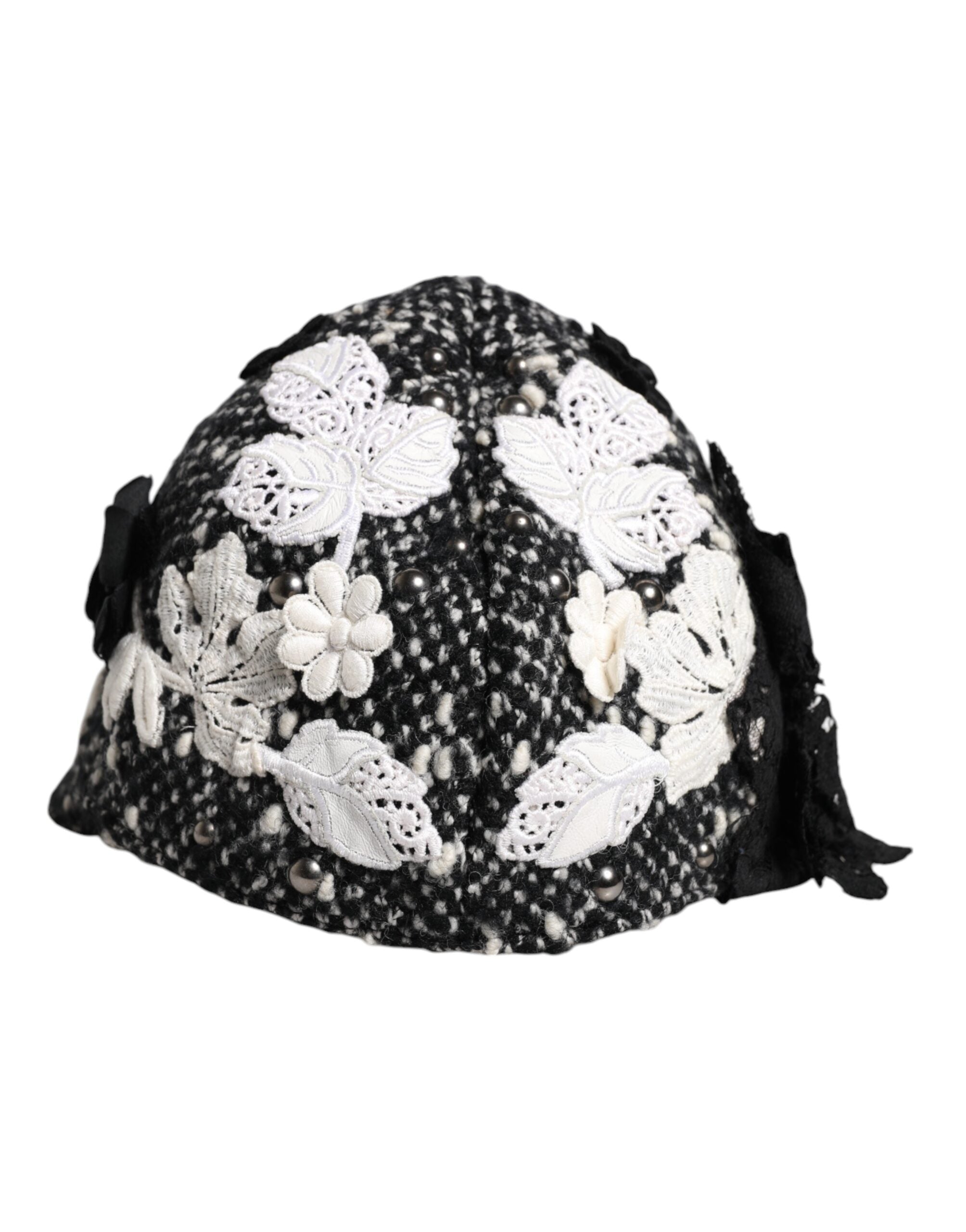 Dolce &amp; Gabbana Sort Uld Hvid Blomsterudsmykket Cloche Hat
